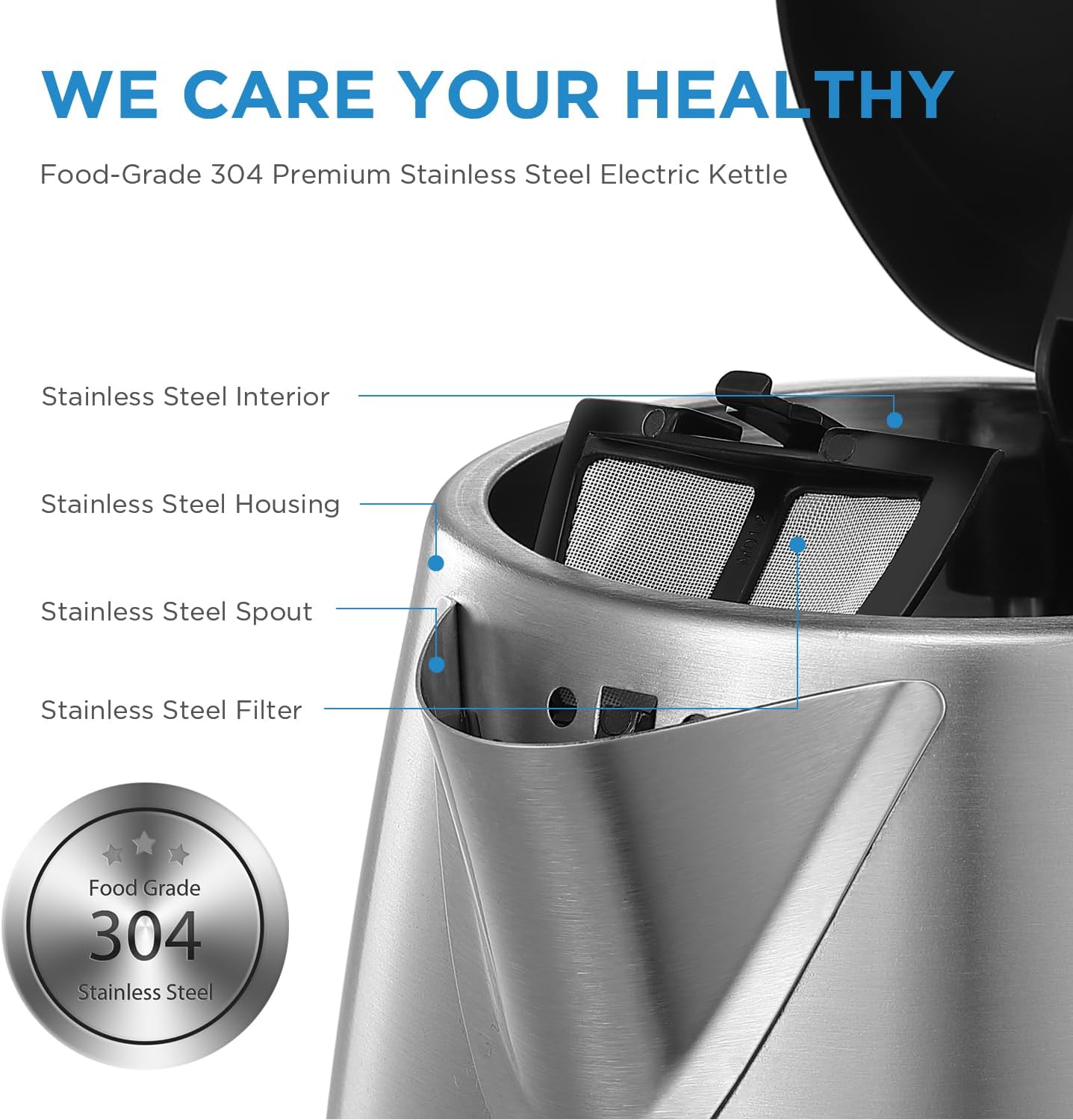 Thumbnail 2 de Midea Electric Kettle 3000W Fast Boil 1.7L Stainless Steel with LED Indicator & Removable Filter