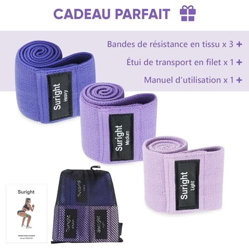 Thumbnail 8 de Suright Bande Elastique Musculation en Tissu – 3 Niveaux de Force (Lavande, Violet, Violet foncé)