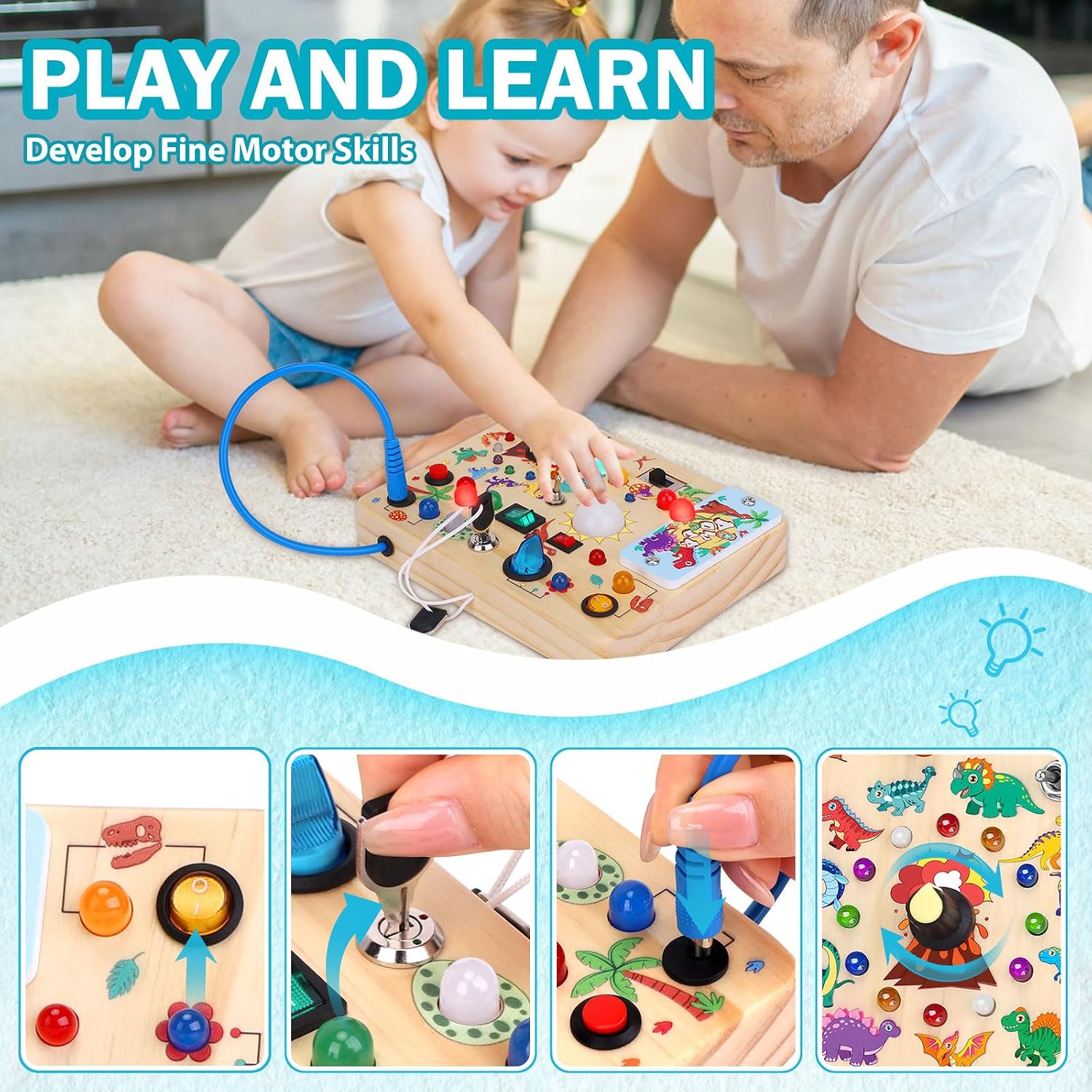 Detalle de Montessori Dinosaur Busy Board 10 switches