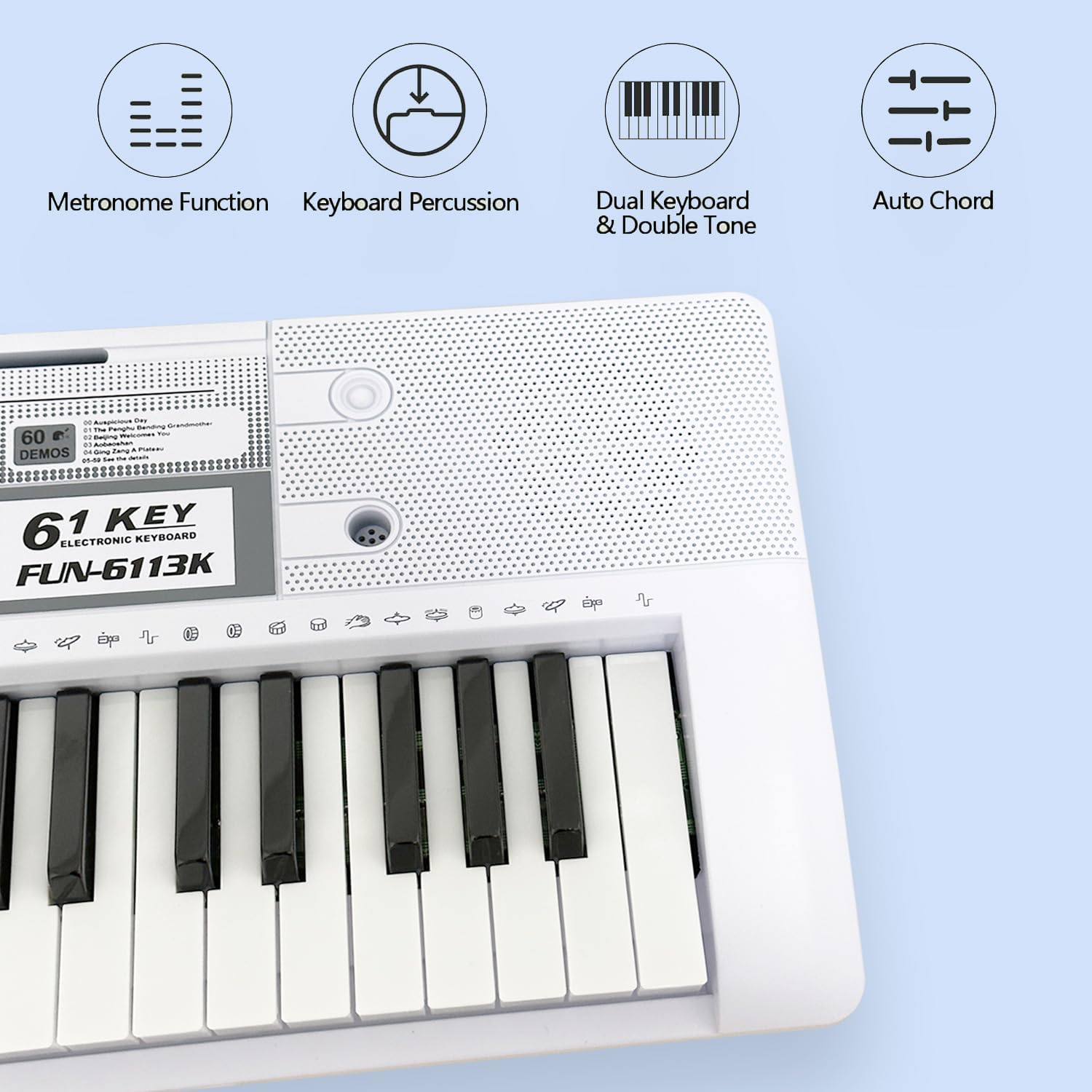 Detalle de Funtaki FUN-6113K-WH digitalpiano med 61 tangenter, ljus och MIDI