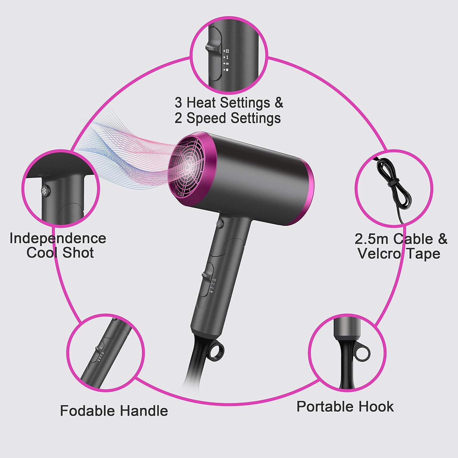 Thumbnail 3 de Travel Hair Dryer with Diffuser: Lightweight, Low-Noise Professional Blow Dryer for Curly Hair