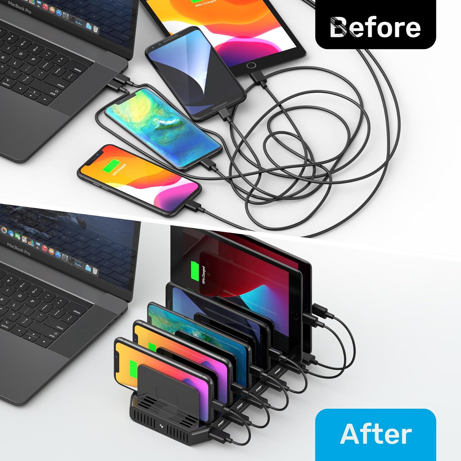 Detalle de Unitek 60W 10-Port USB Multi-Ladestation – flexible Ladestation mit einstellbaren Trennwänden