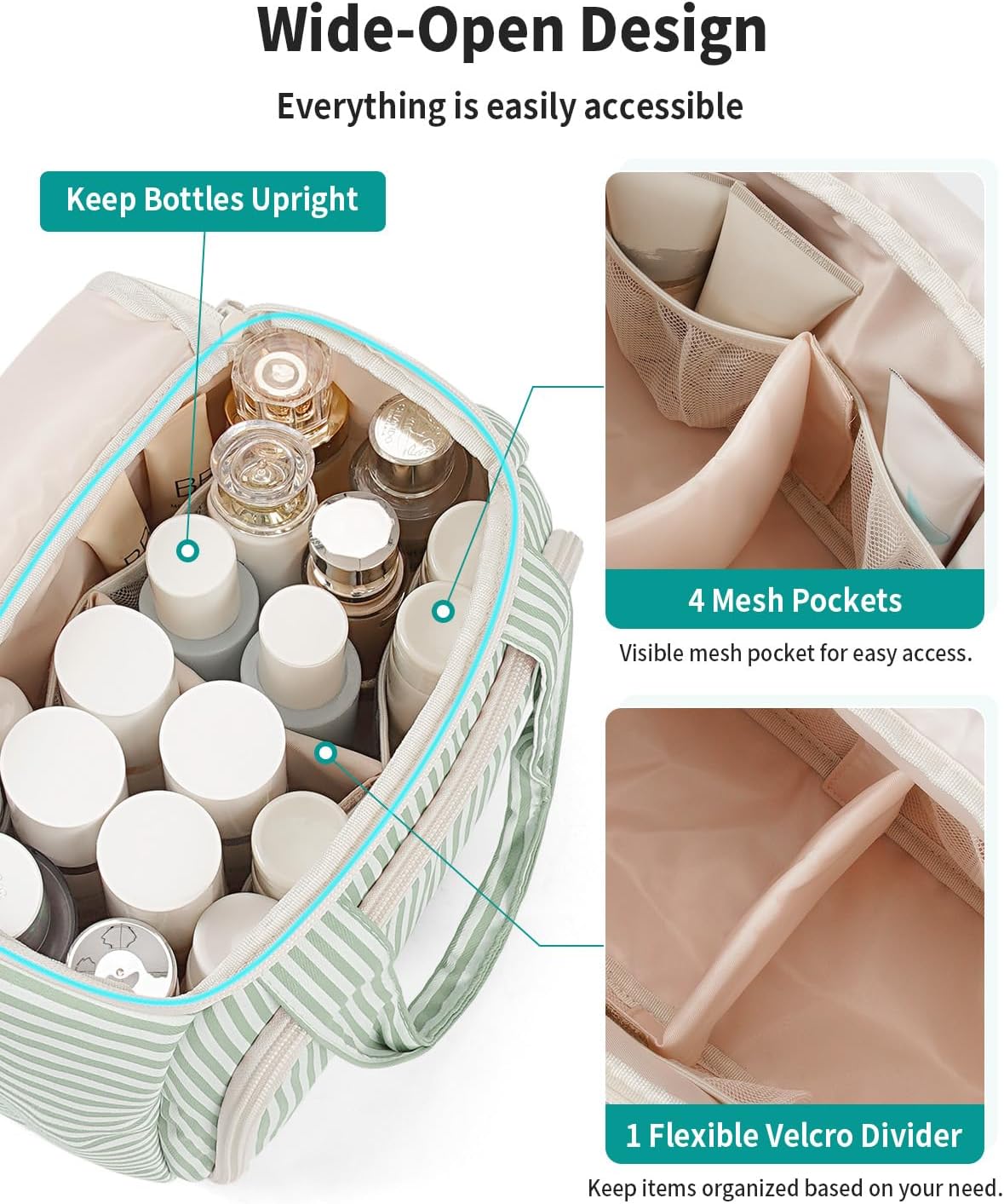 Detalle 2 de Narwey Large Toiletry Bag for Women (Mint Green Stripe): A Practical Travel Organizer