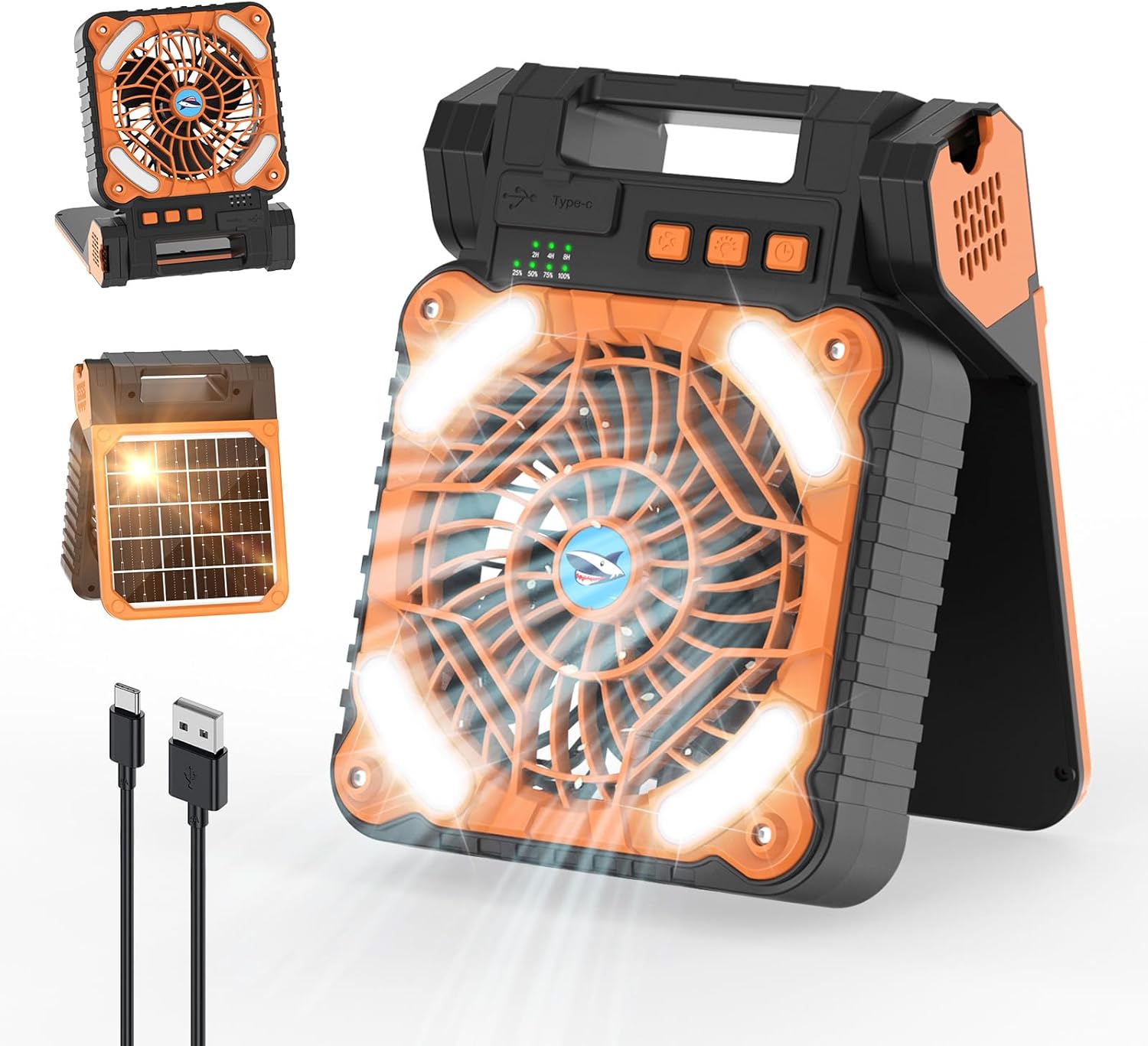 Detalle de Smiling Shark FS-99: Ventilatore da Campeggio con LED, Batteria 6000 mAh, 4 Velocità e Ricarica Solare