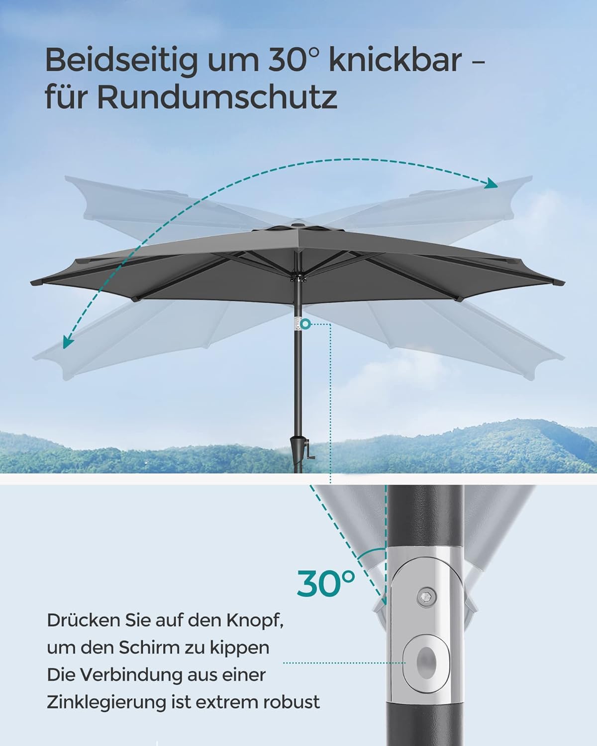 Detalle de SONGMICS Gartenschirm Ø 300 cm GPU30GYV1 – Marktschirm mit Kurbel, UV-Schutz UPF 50+, klappbar, grau