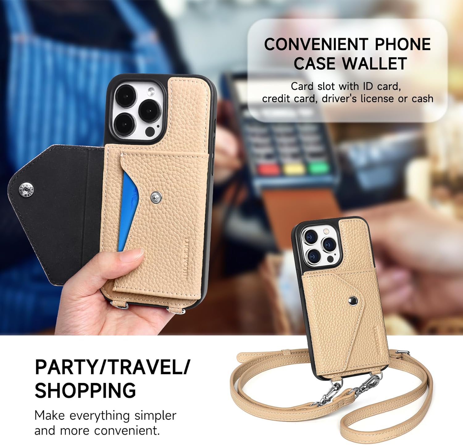 Thumbnail 1 de LUCKYCOIN Genuine Leather Crossbody Wallet Case for iPhone 15 Pro