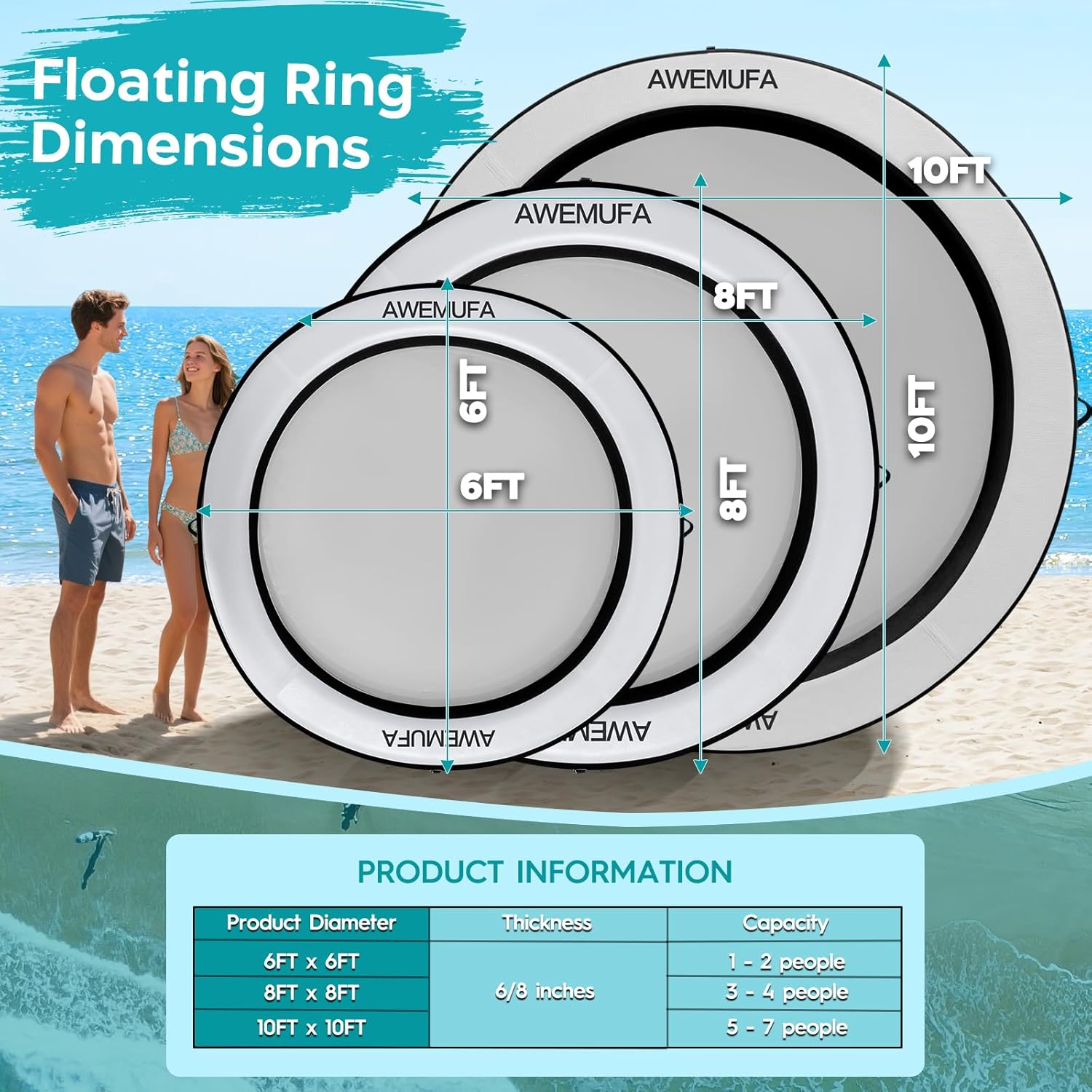 Detalle de AWEMUFA Water Hammock Floating Island — 6/8/10/12 ft Heavy-Duty Round Ring with Mesh, Ideal for Lakes and Pools