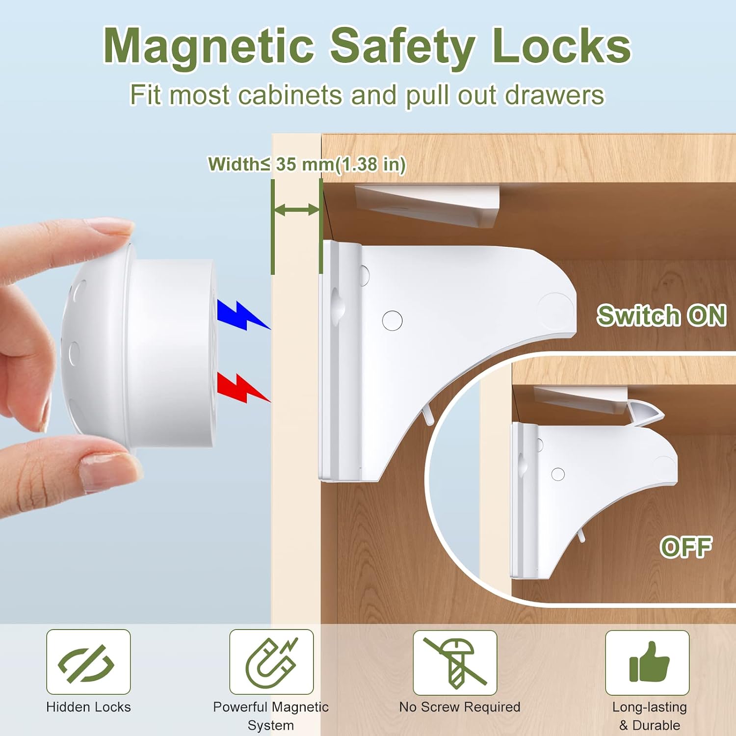Detalle de AOSITE Magnetic Child Safety Cupboard Locks (12 Pack + 3 Keys) — Hidden, Adhesive, No-Drill Solution
