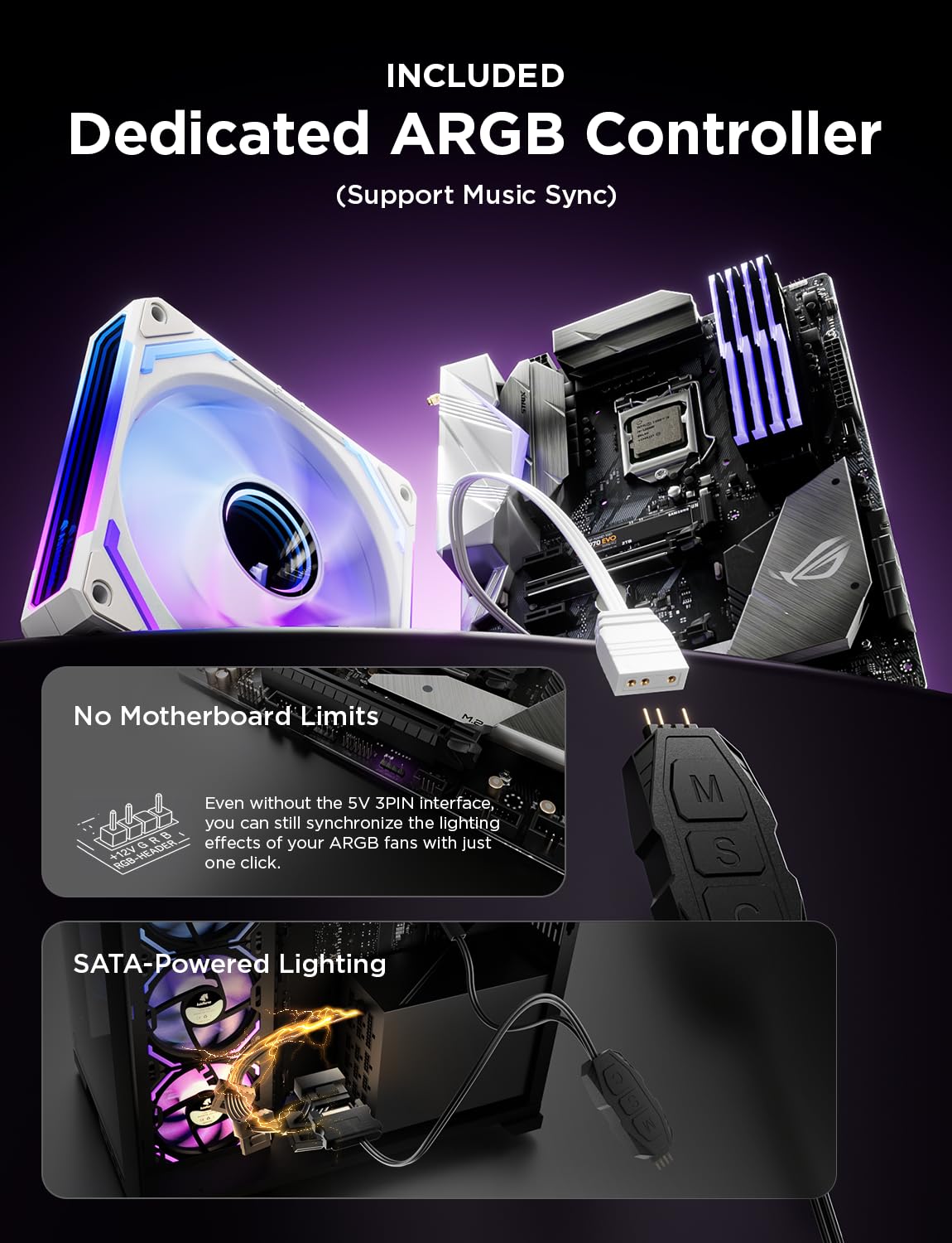 Thumbnail 5 de AsiaHorse COSMIQ Reverse Blade 120mm ARGB PC Case Fan (3-Pack with Controller) – Infinity Mirror Daisy Chain