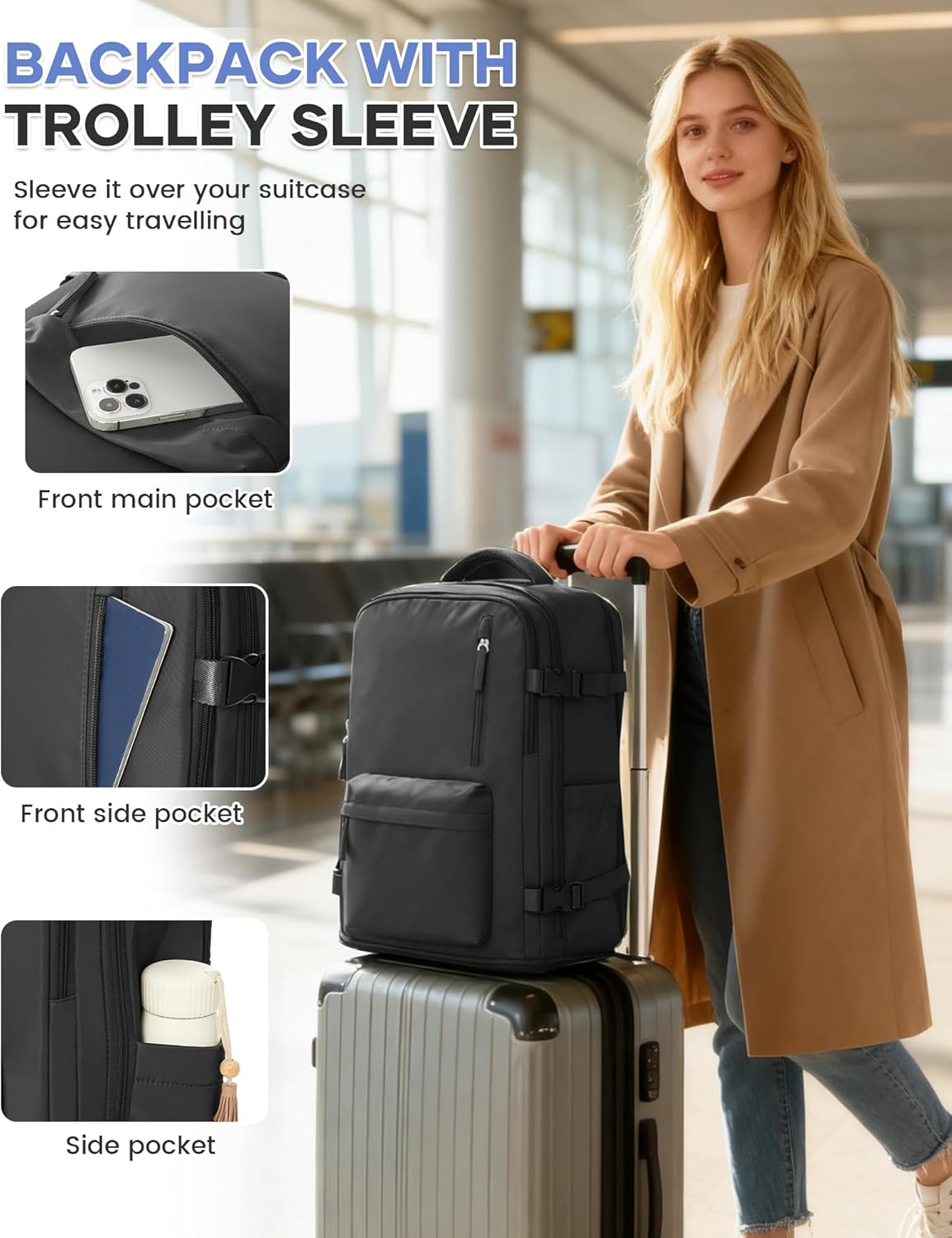 Thumbnail 5 de WONHOX Large Travel Backpack (Carry-on Approved) for Laptop, Shoes & Wet Items