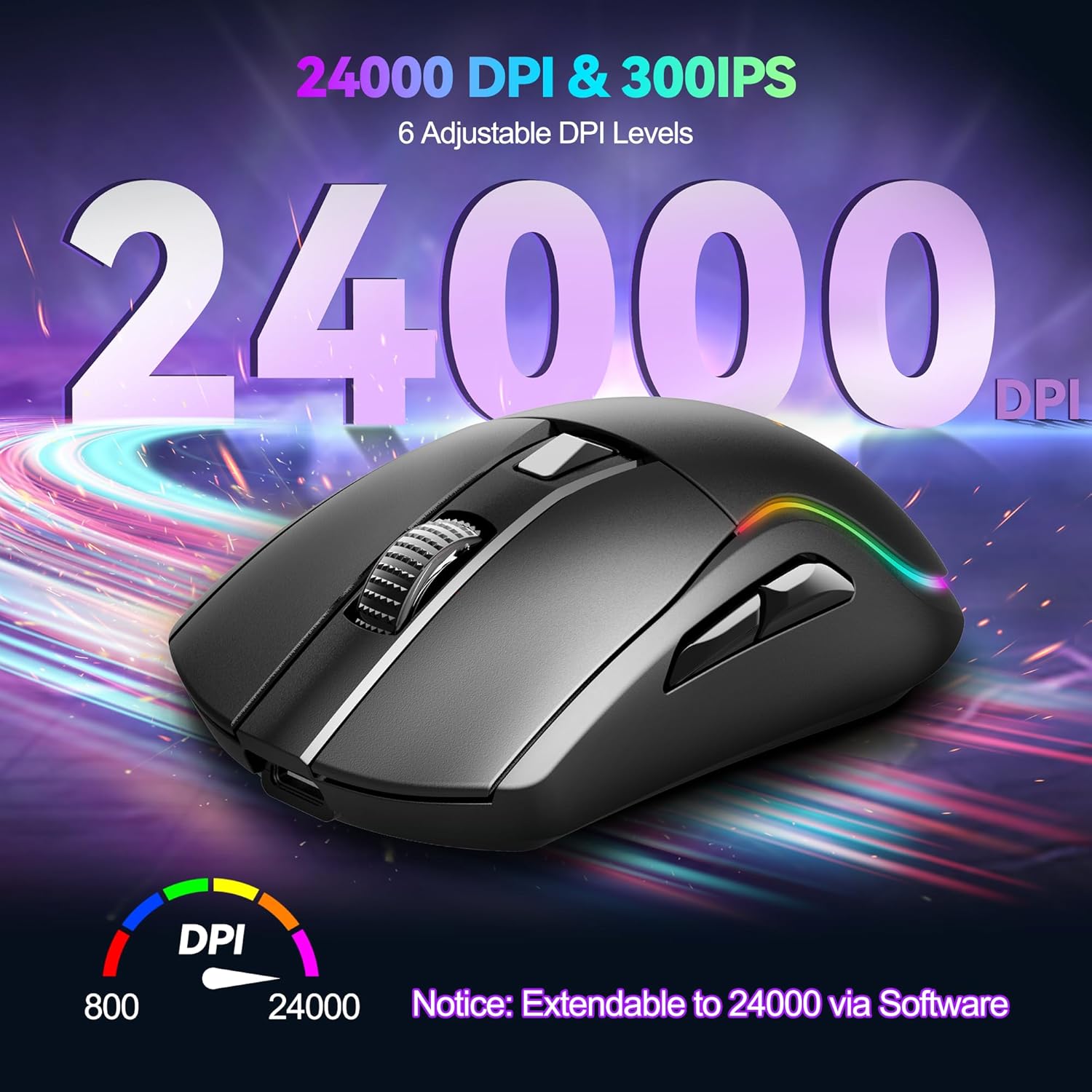 Thumbnail 1 de TECKNET Souris Gamer sans fil Tri-Mode 24000 DPI (Bluetooth/2.4G/USB-C) rechargeable, 6 boutons programmables et RGB
