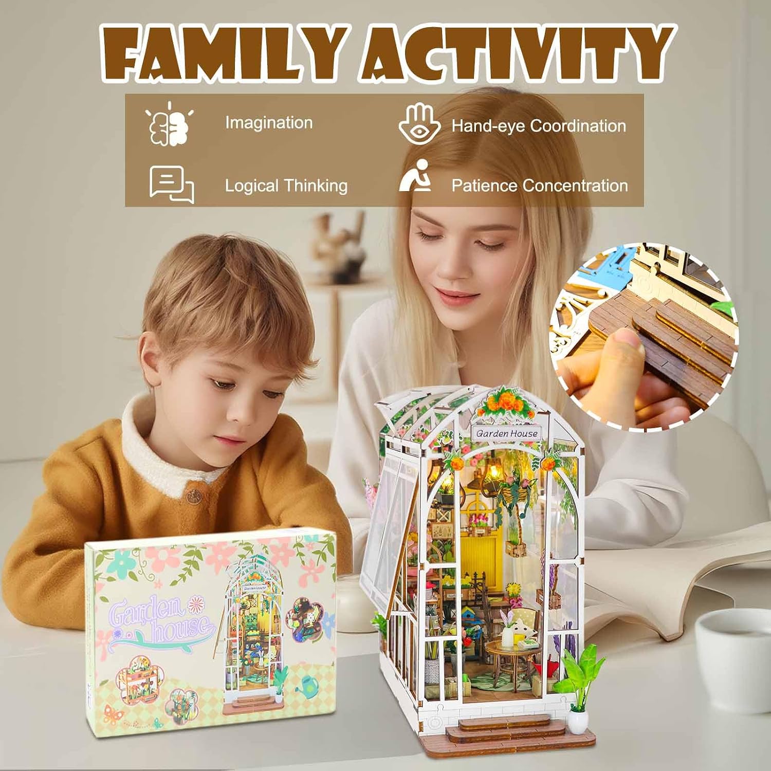Detalle de FEIMUOSI DIY Book Nook houten miniatuurset met meubels, ledverlichting en muziek