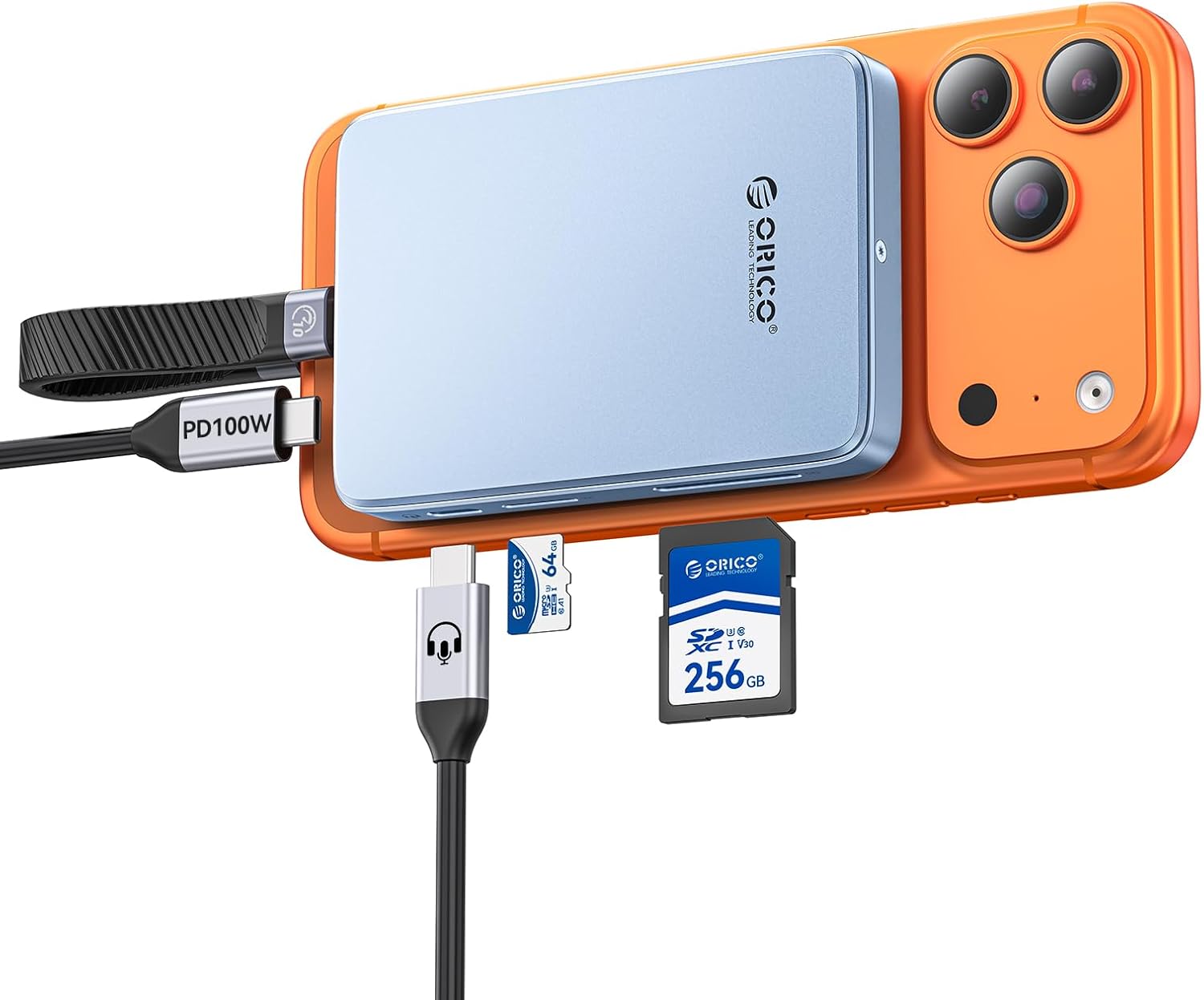 Detalle de ORICO Boîtier M.2 NVMe Magnétique 10 Gbps avec hub USB‑C, emplacements SD/TF et charge PD 100 W (AP80F) pour iPhone 15/16/17 Pro/Max