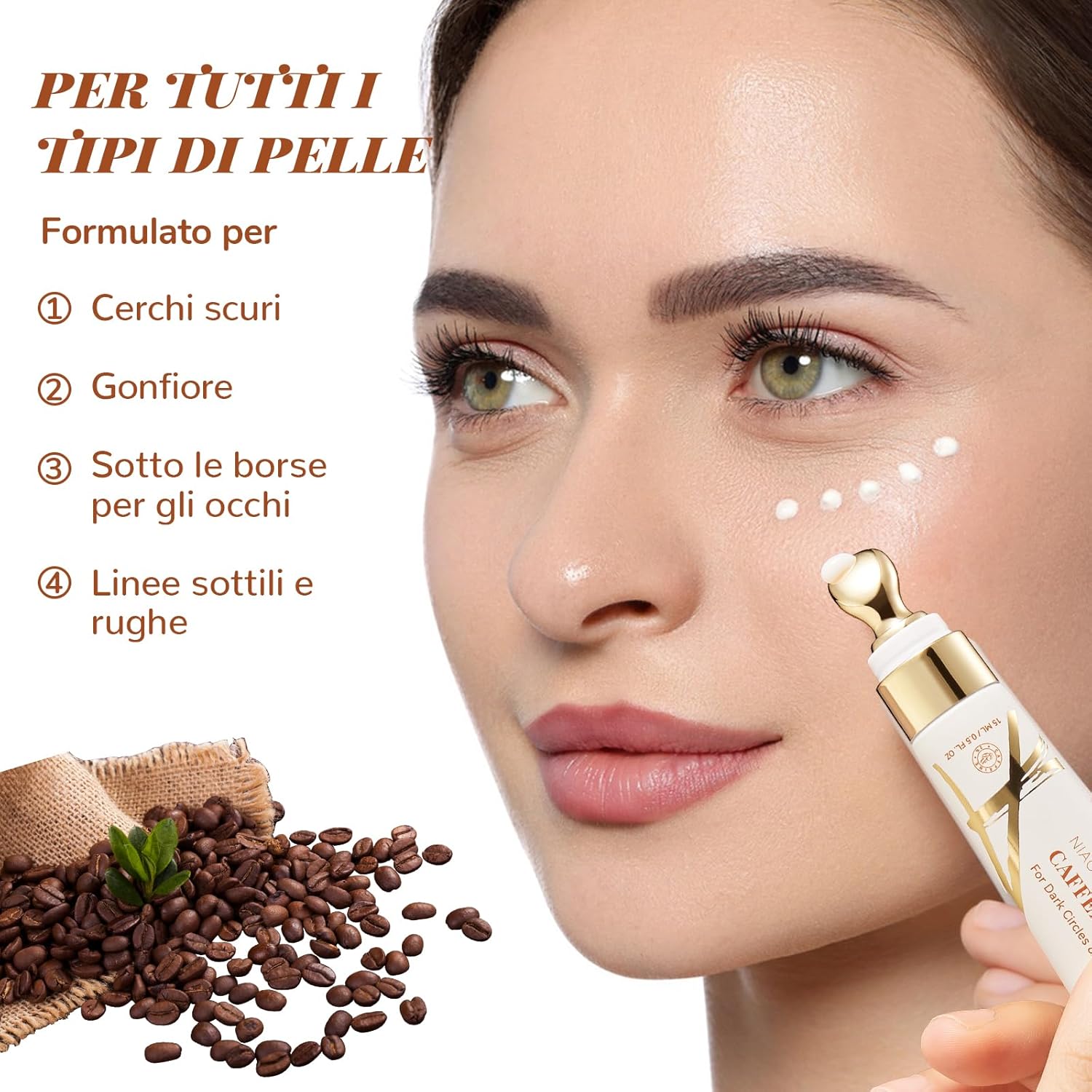 Detalle de ANAiRUi Crema per gli occhi alla caffeina con rullo a punta metallica e niacinamide