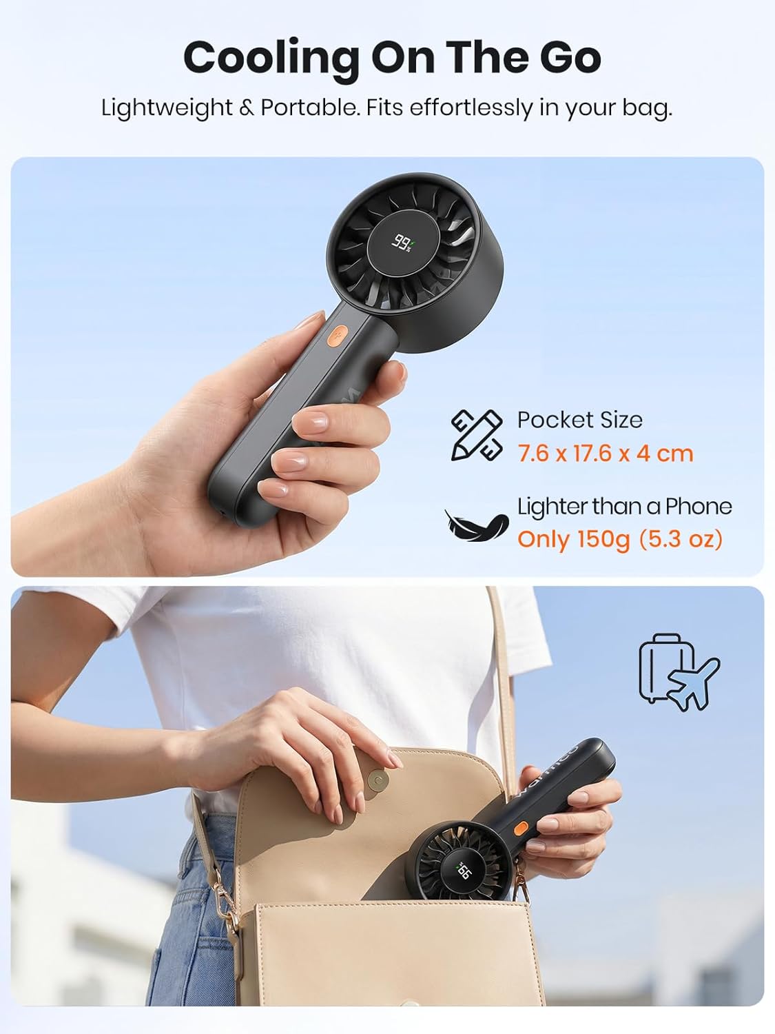 Thumbnail 5 de Warmco Portable Handheld Turbo Fan 5000mAh – 4 Speeds, USB Rechargeable, with Base and Lanyard