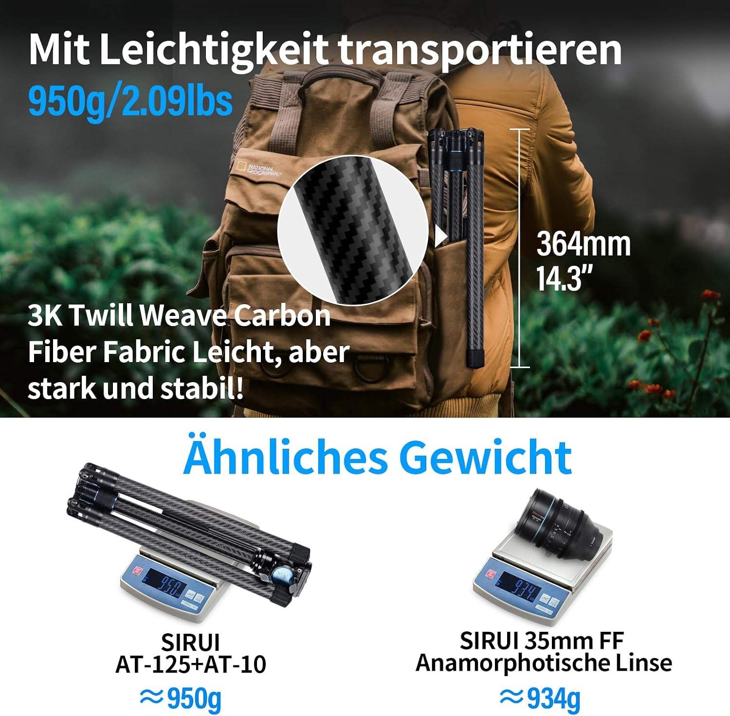 Detalle de SIRUI Traveler X Carbon Video Stativ (0,95 kg) mit Fluidkopf & Quick-Twist-System für Arca-Swiss