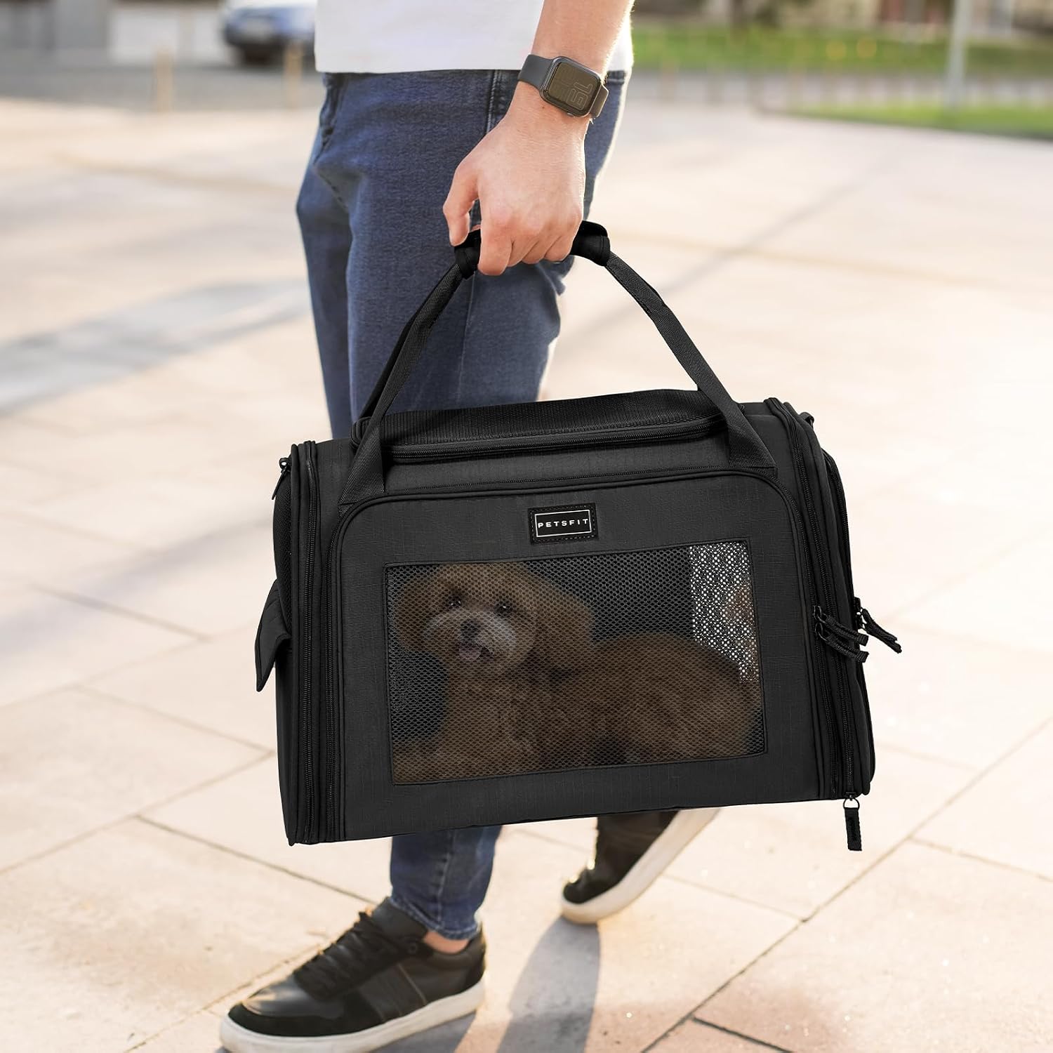 Thumbnail 6 de Petsfit Transportbox für Hund und Katze – Faltbare Tragetasche mit verstellbarem Schultergurt und weichem Kissen (M, Schwarz)