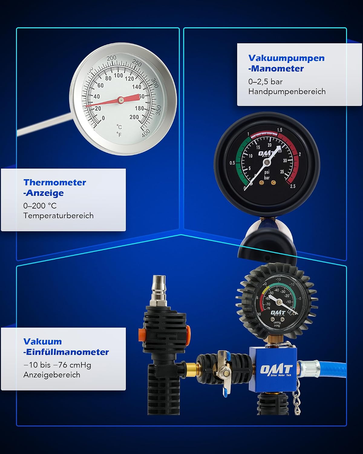 Detalle de Orion Motor Tech Kühlsystem Abdrückgerät Set, 31-tlg. Master Kühlmittel-Vakuum Befüllgerät