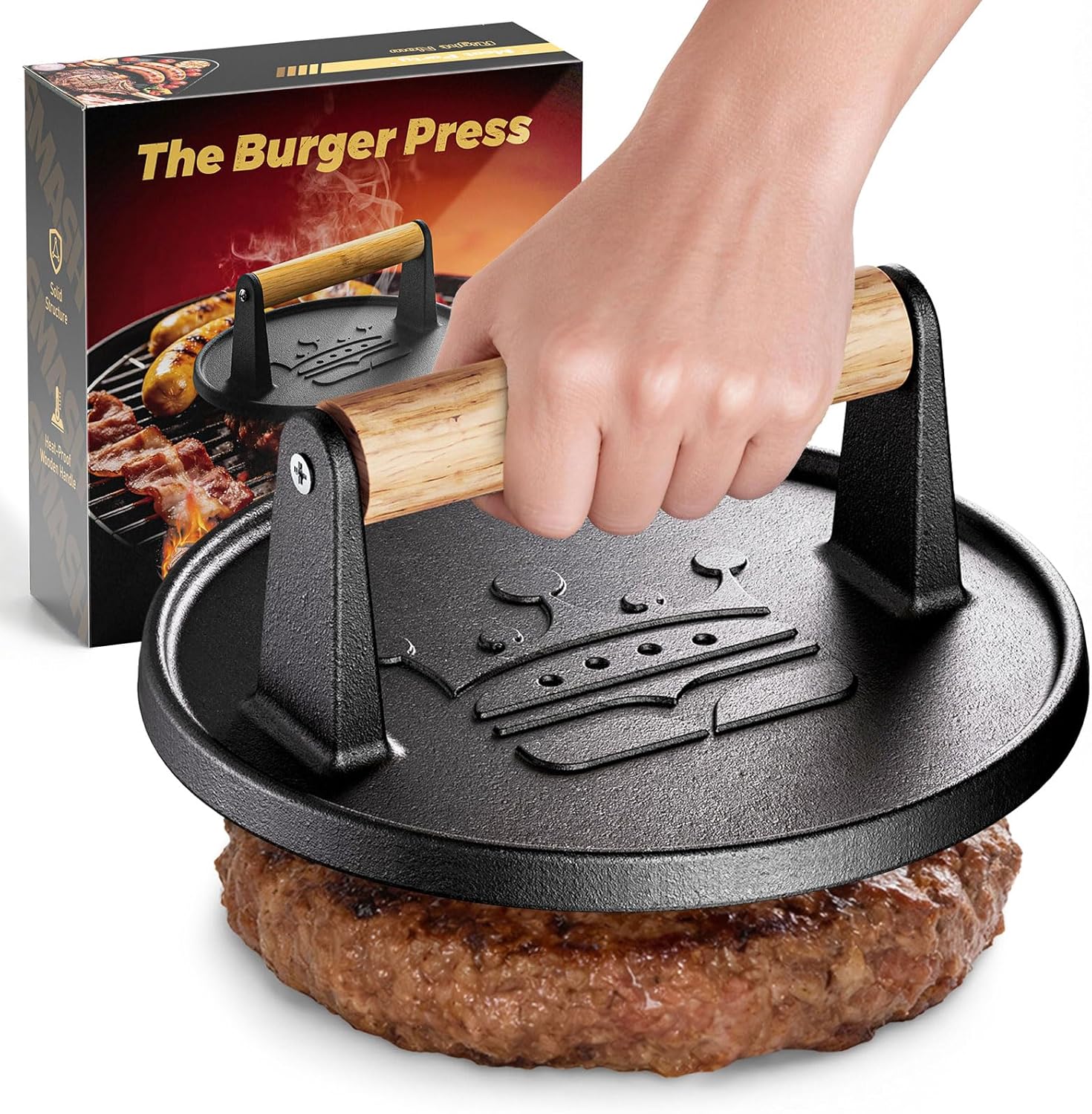 Detalle de Basinel 6.5" Cast Iron Smash Burger Press with Wooden Handle