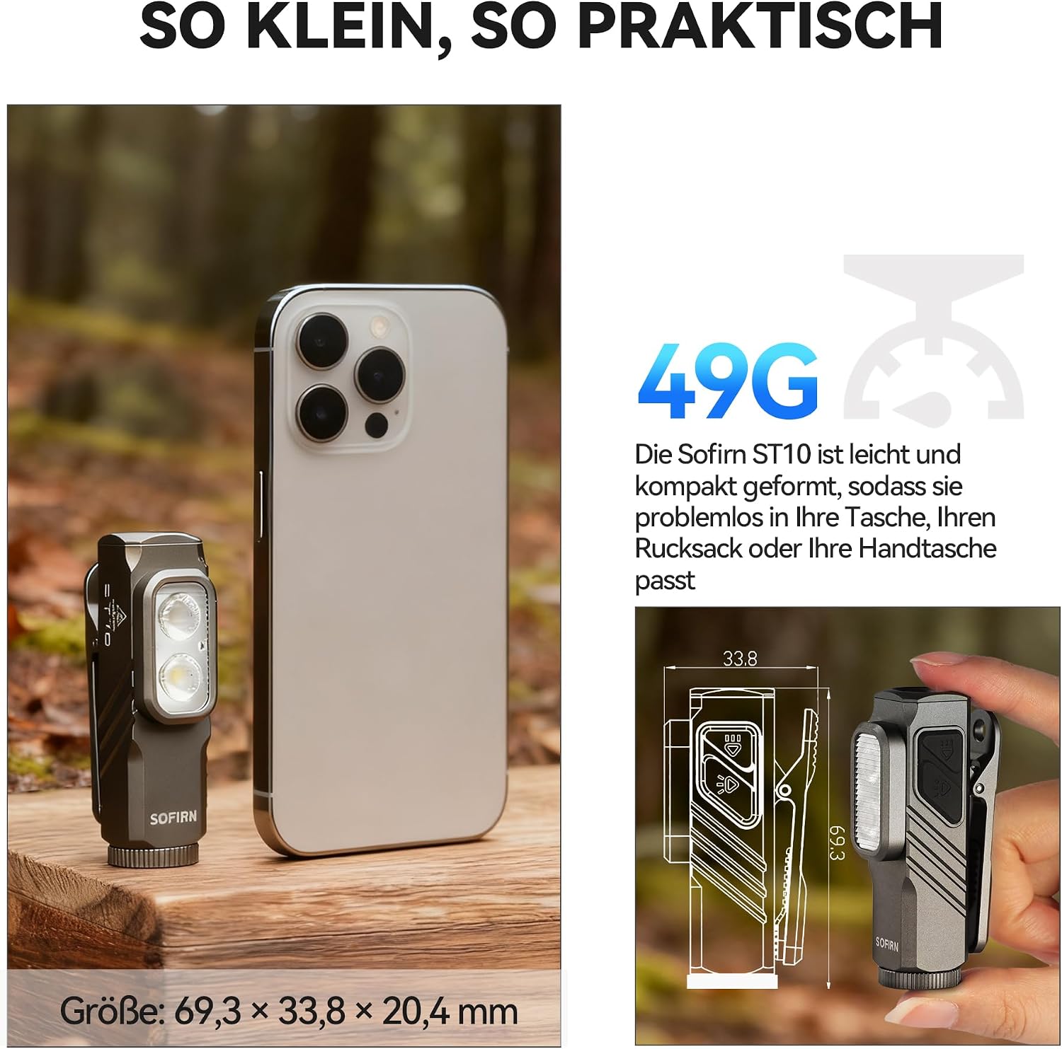Thumbnail 3 de Sofirn ST10 Mini Taschenlampe, aufladbar (Type-C) mit Spot 1000 lm, Flut 500 lm und rotem Licht