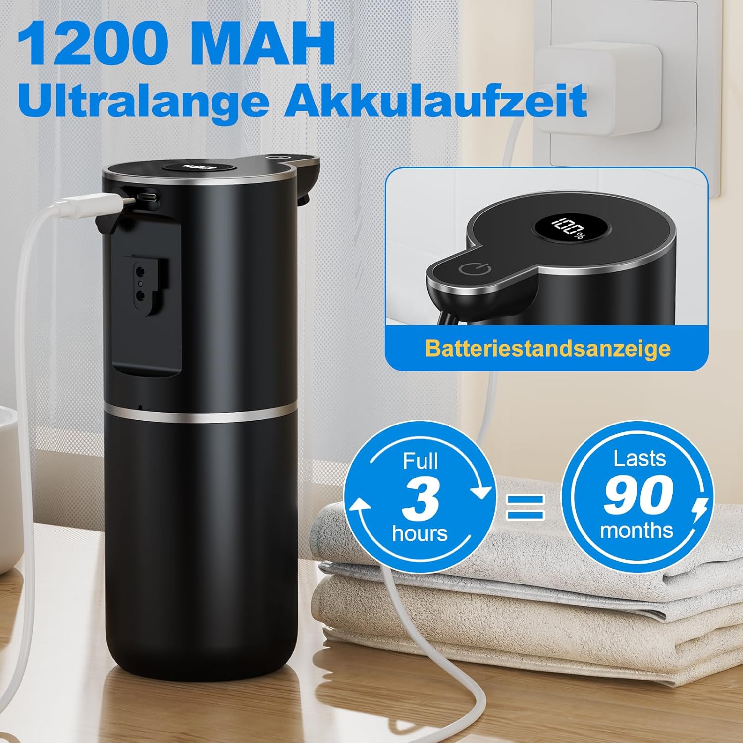 Detalle de Fantictas Seifenspender Automatisch – USB aufladbar, 6-stufige Schaumeinstellung, Display, 380 ml, IPX5, Schwarz