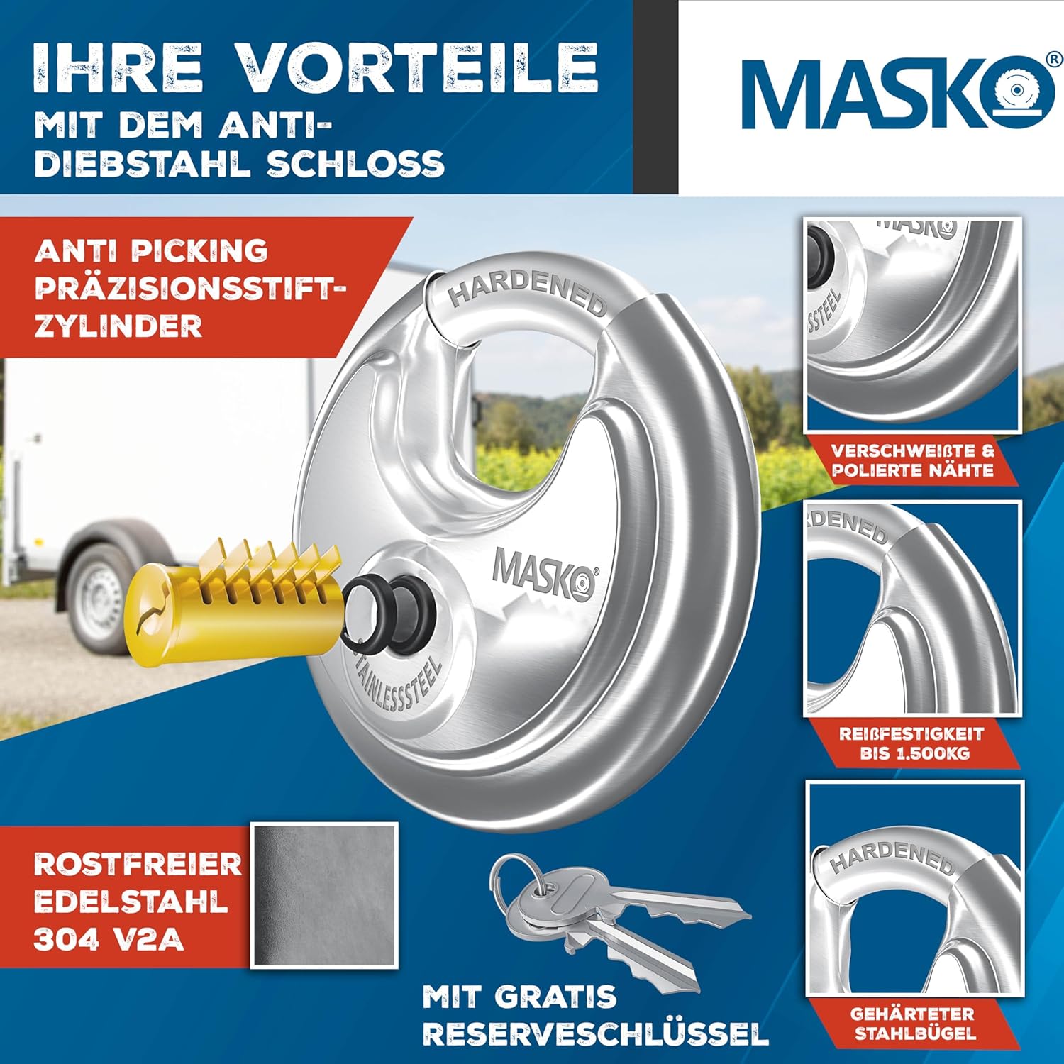 Thumbnail 2 de MASKO Anhängerschloss mit Scharniersystem – Diebstahlschutz für angekoppelte & abgekoppelte Anhänger, Silber