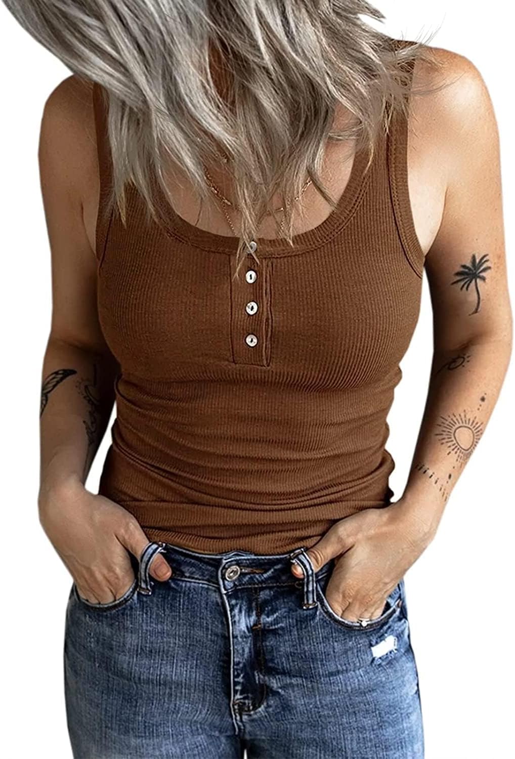 Detalle de Fessceruna Damen Tanktop mit U-Ausschnitt, Knöpfen und gerippter Optik