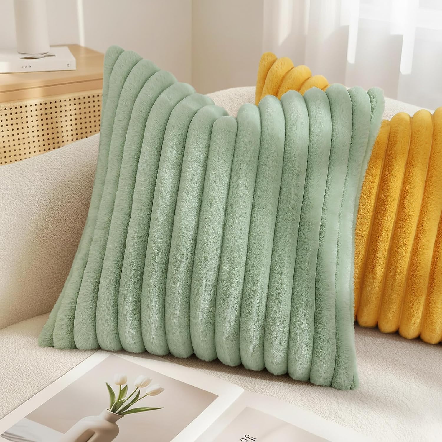 Detalle 2 de decorUhome Fall Faux Fur Throw Pillow Covers, 16x16, Set of 2, Sage Green