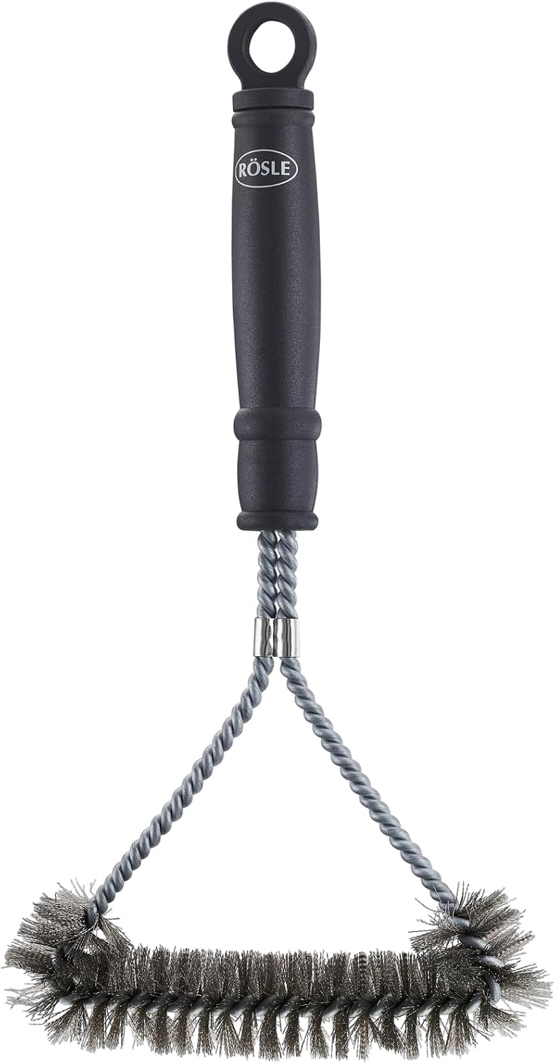 Detalle de RÖSLE Grillrost-Reinigungsbürste, 30 cm – Edelstahl-Chrom-Emaille, Stahlborsten, schwarz/silbern