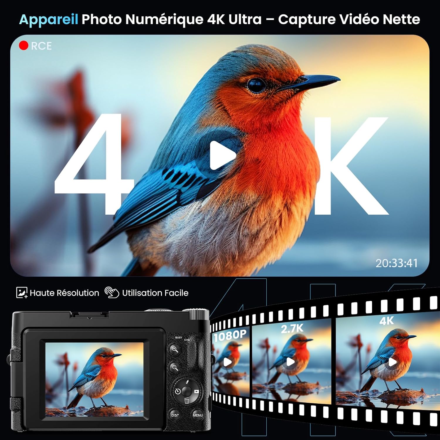 Detalle de Digitalkamera 4K mit WiFi, 64 MP – Kompakt, ideal für Teens, Anfänger und Vlogging