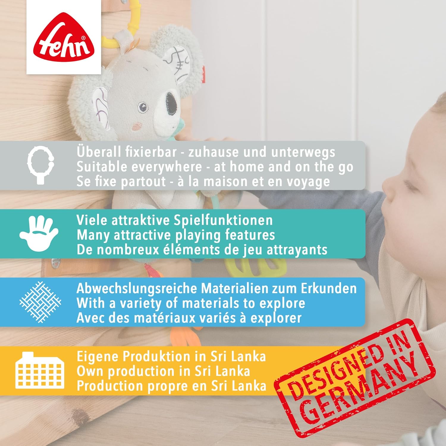 Detalle de Fehn Activity-Faultier – Motorikspielzeug zum Aufhängen für Kinderwagen, Kinderbett und Babyschale