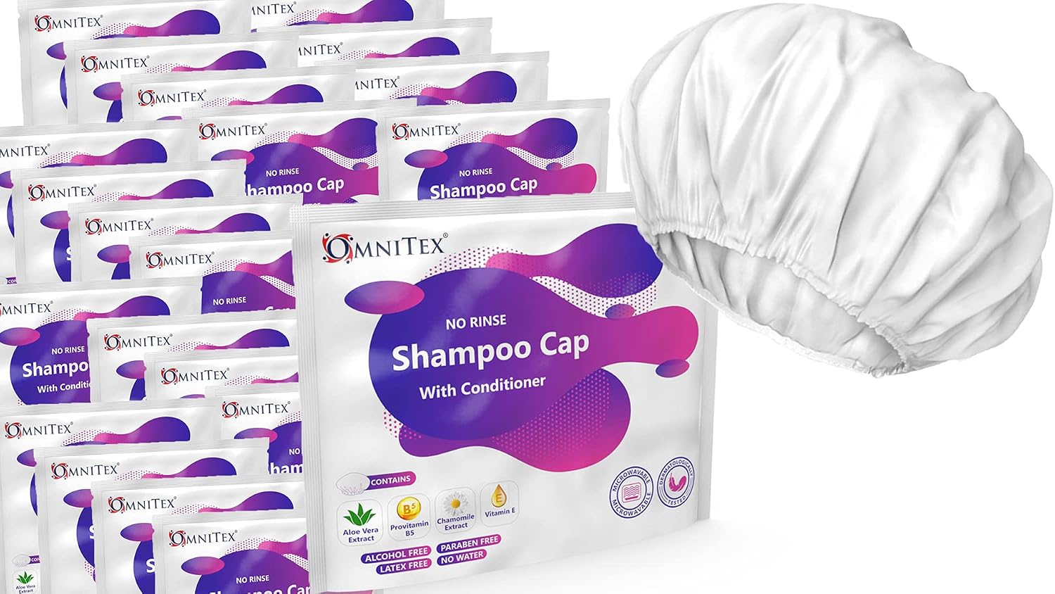 Detalle 2 de Omnitex Premium Rinse Free Shampoo Cap (with Conditioner & Vitamins) – Microwaveable, 6pk