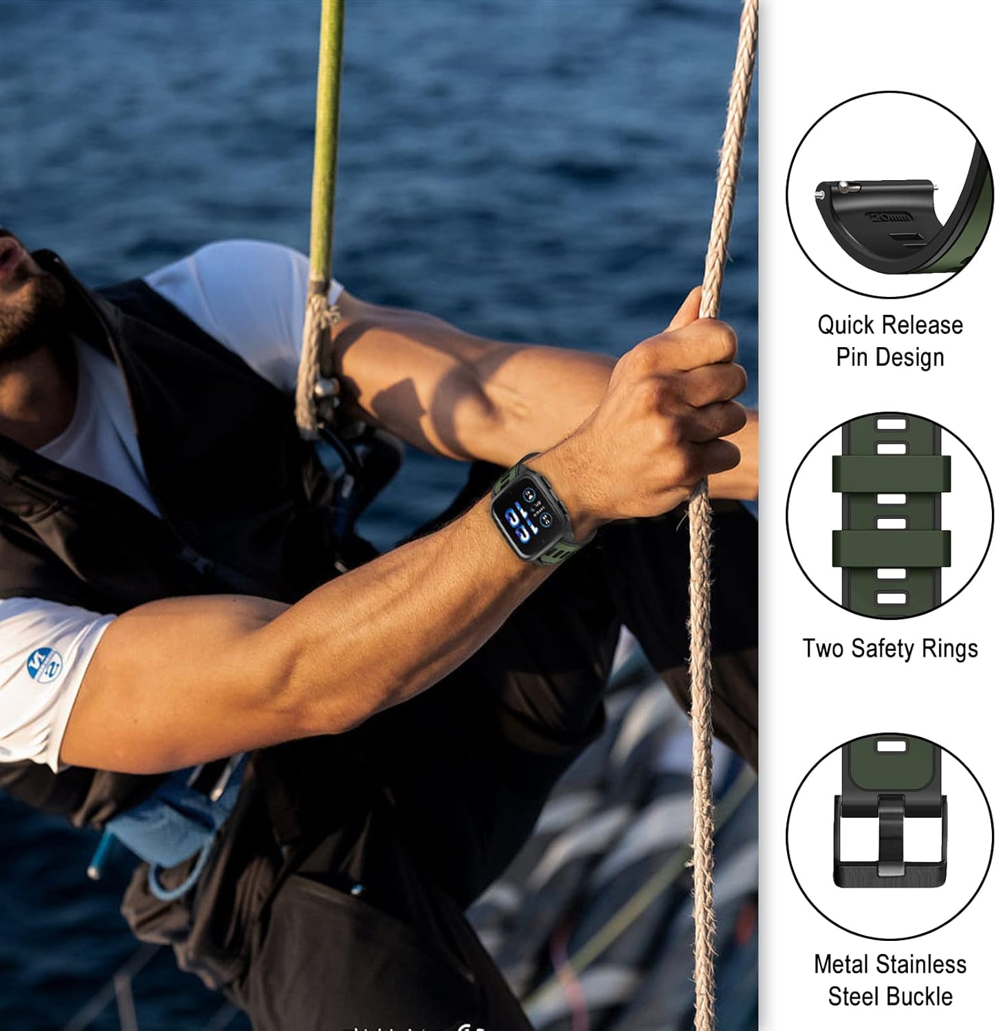 Thumbnail 1 de SumRioo 20 mm Silikonarmband für Garmin Vivoactive 6/5/3, Venu Sq, Forerunner und mehr – Grün/Schwarz