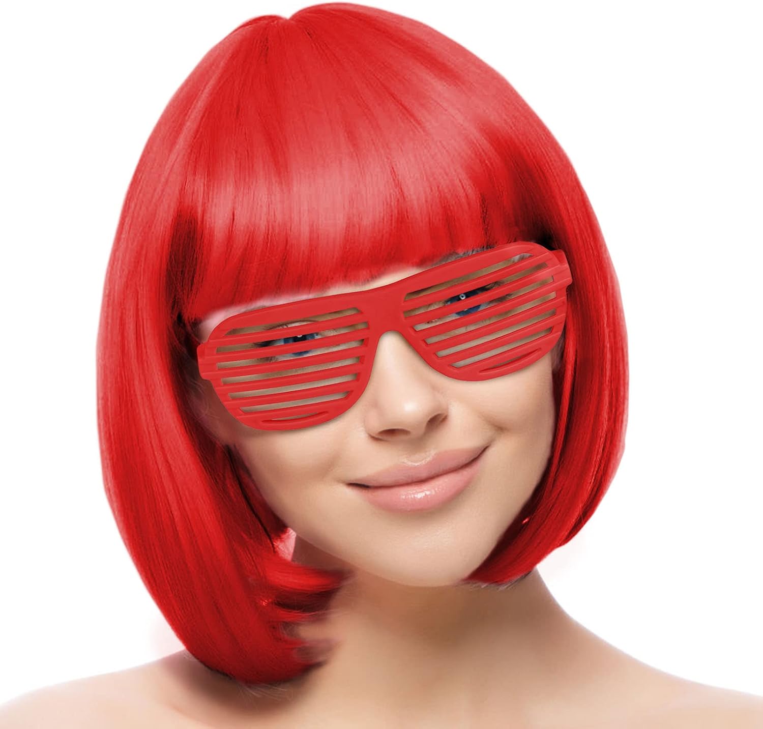 Thumbnail 6 de AOMIG Partyrama bobpruik van 28 cm, rood, met pony, bril en pruikkappen
