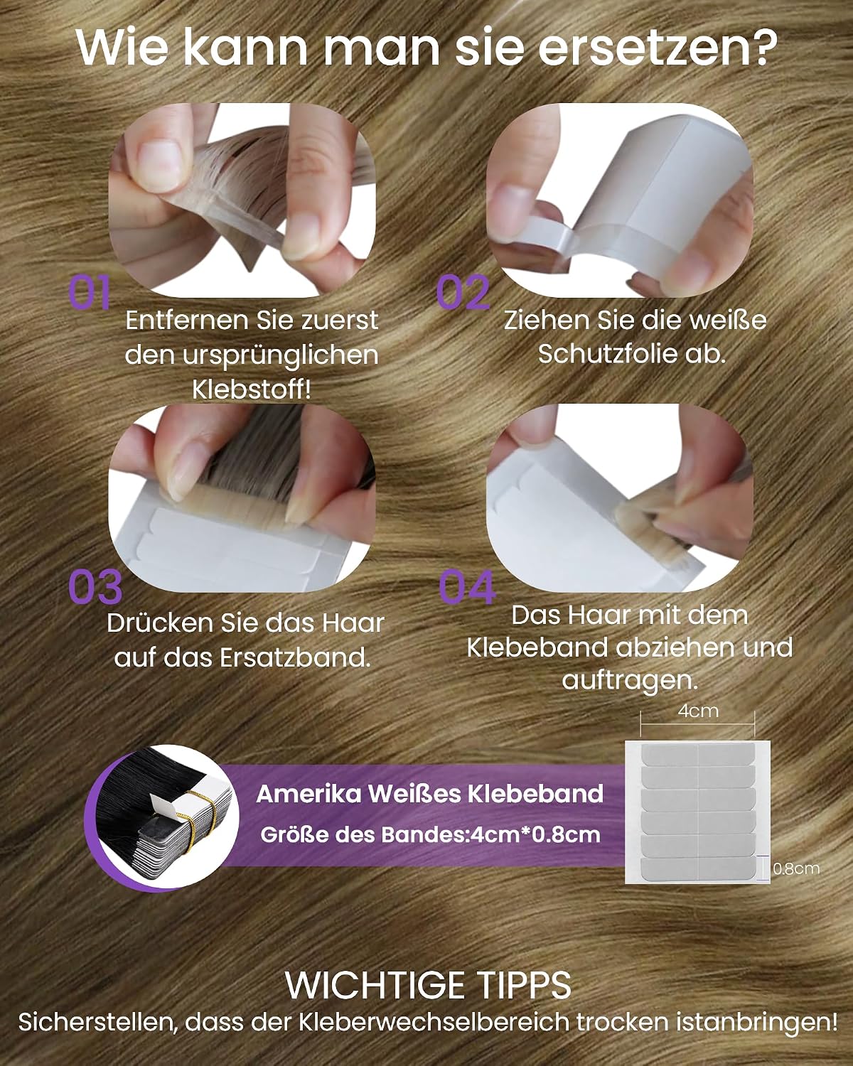 Detalle de LaaVoo Extensions Echthaar Tape in – Ombre Braun/Blond Balayage, Remy Echthaar, 20 Strähnen (50 g)