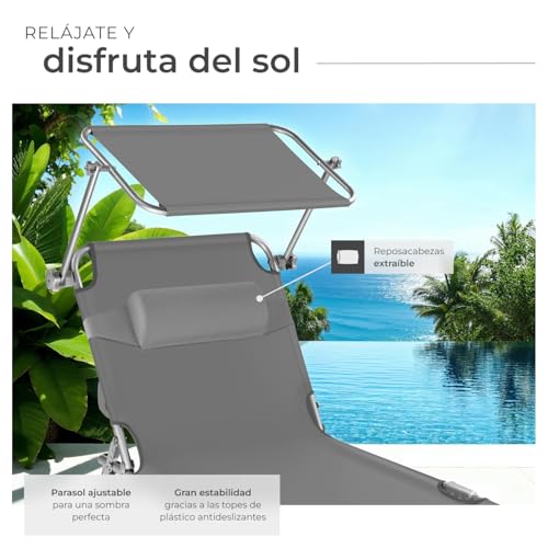 Detalle 2 de tectake Set de 2 tumbonas de jardín plegables con parasol y respaldo regulable (gris) – hasta 110 kg
