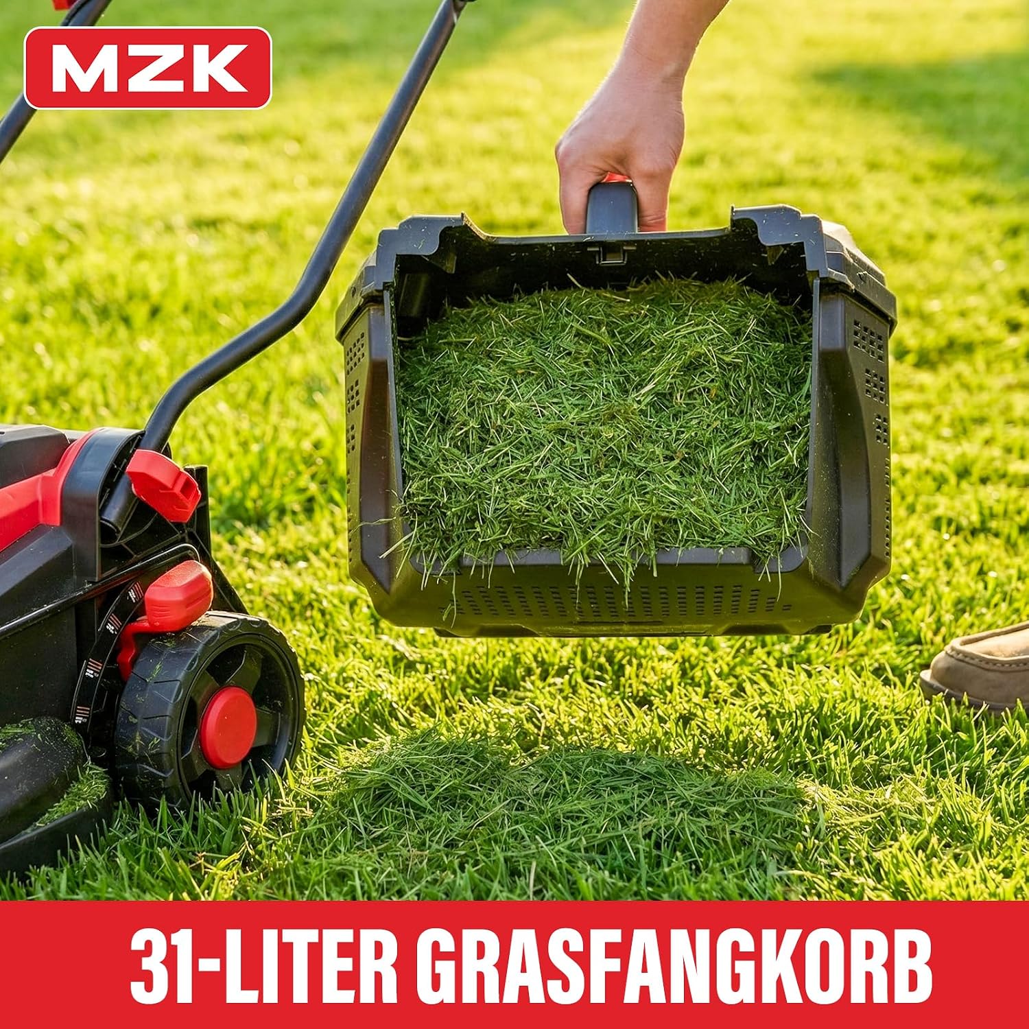 Detalle de MZK 20V Akku-Rasenmäher — 34 cm Schnittbreite, 4-fache Schnitthöhenverstellung, 31-Liter Fangkorb (inkl. 2×4,0 Ah Akkus) in Rot
