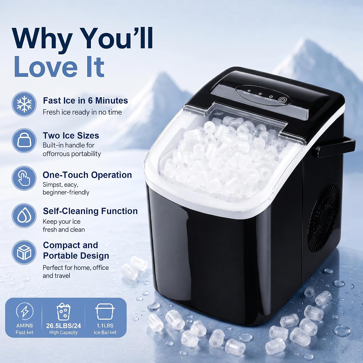 Thumbnail 5 de QIYO FZB-12Y9A Countertop Ice Maker, 9 Cubes in 6 Minutes, Self-Cleaning