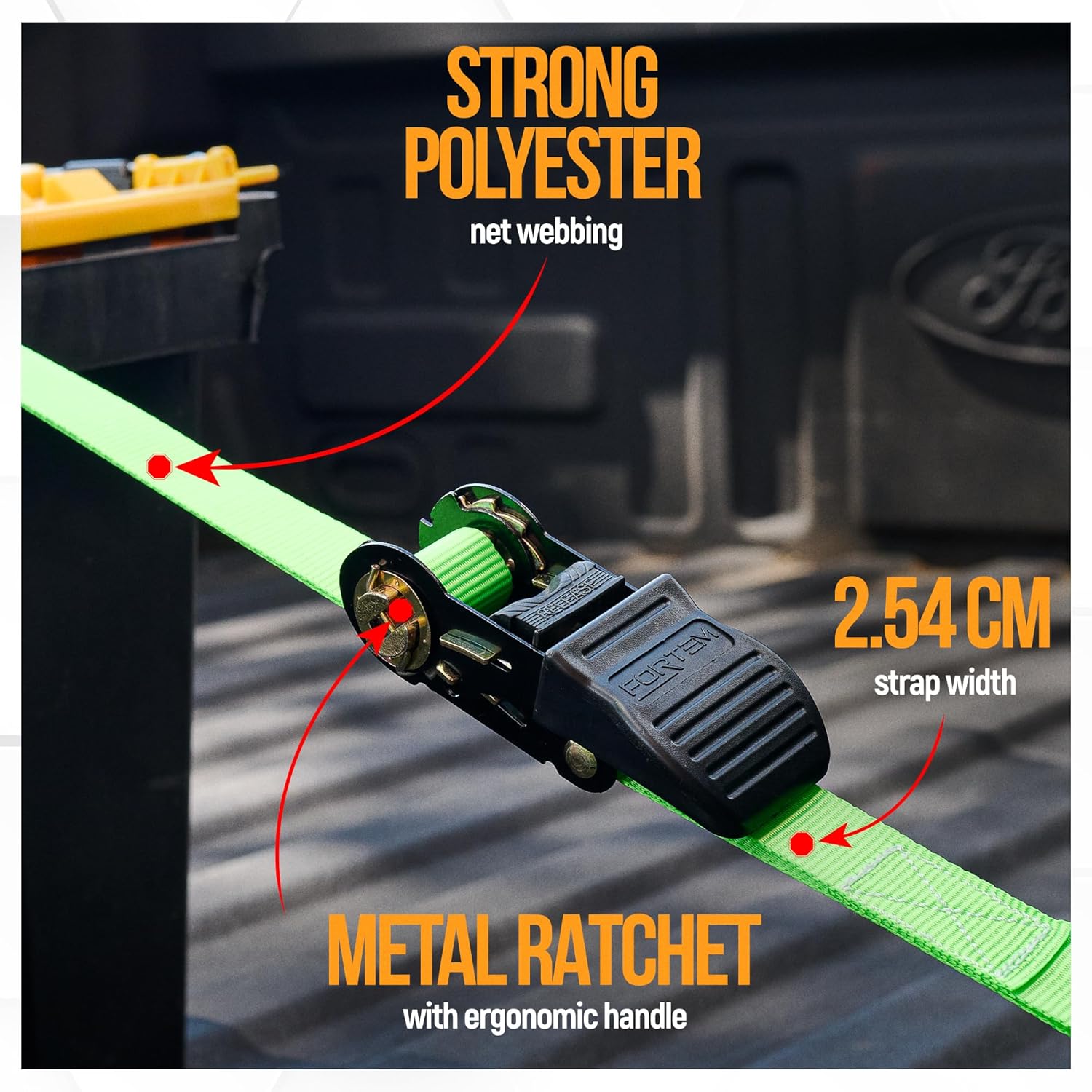 Detalle 2 de FORTEM Ratchet Straps Tie Down Kit (4-pack) – 748kg break strength, 4.6m x 2.54cm straps