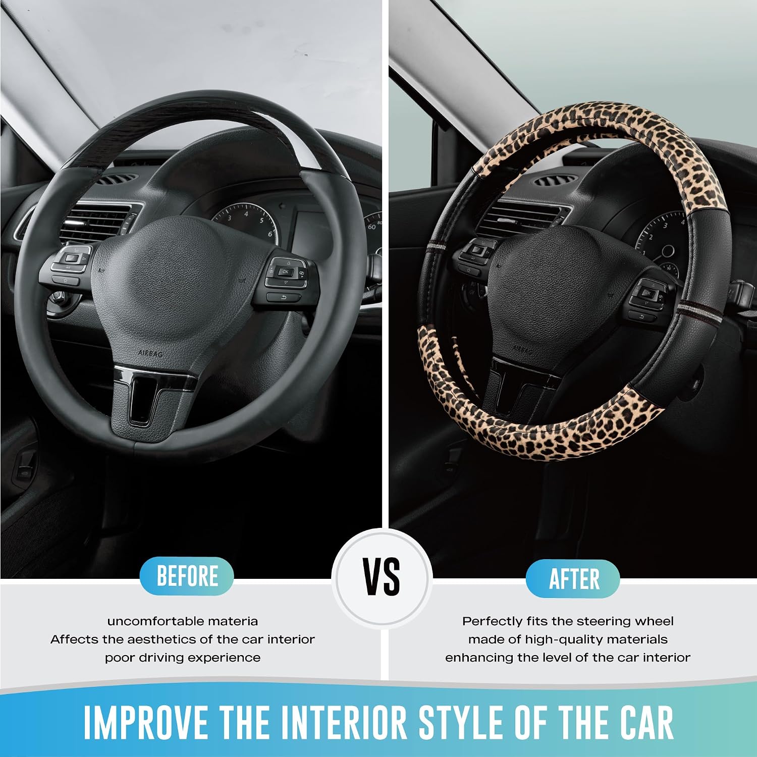 Detalle de Road Comforts Leopard Steering Wheel Cover, Black PVC Leather with Padded Grip