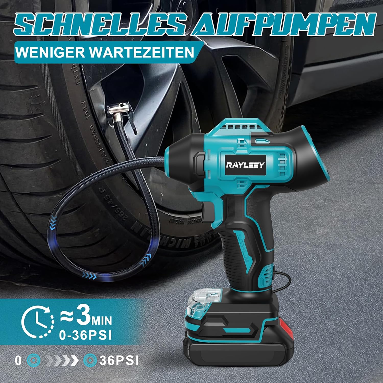Detalle de RAYLEEY Akku-Kompressor für BOSCH 18V GBA/GBA ProCORE – 11 Bar, automatische Abschaltung