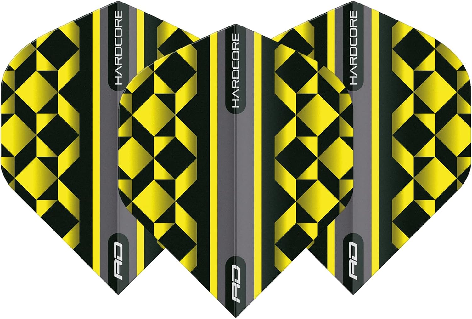 Detalle 2 de RED DRAGON Hardcore Radical Dart Flights – 12 × 100µm Standard Shape Flights in Yellow & Black Geometric