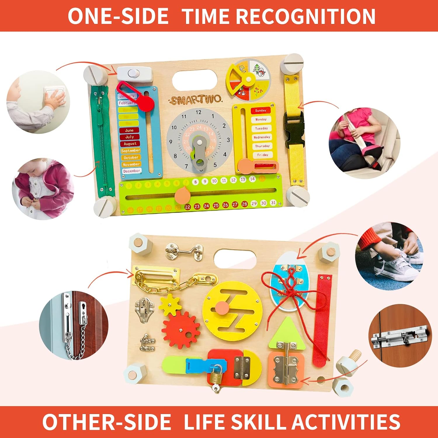 Thumbnail 2 de Toddlers Montessori Toy: Large Double-Sided Wooden Busy Board for Fine Motor Skills