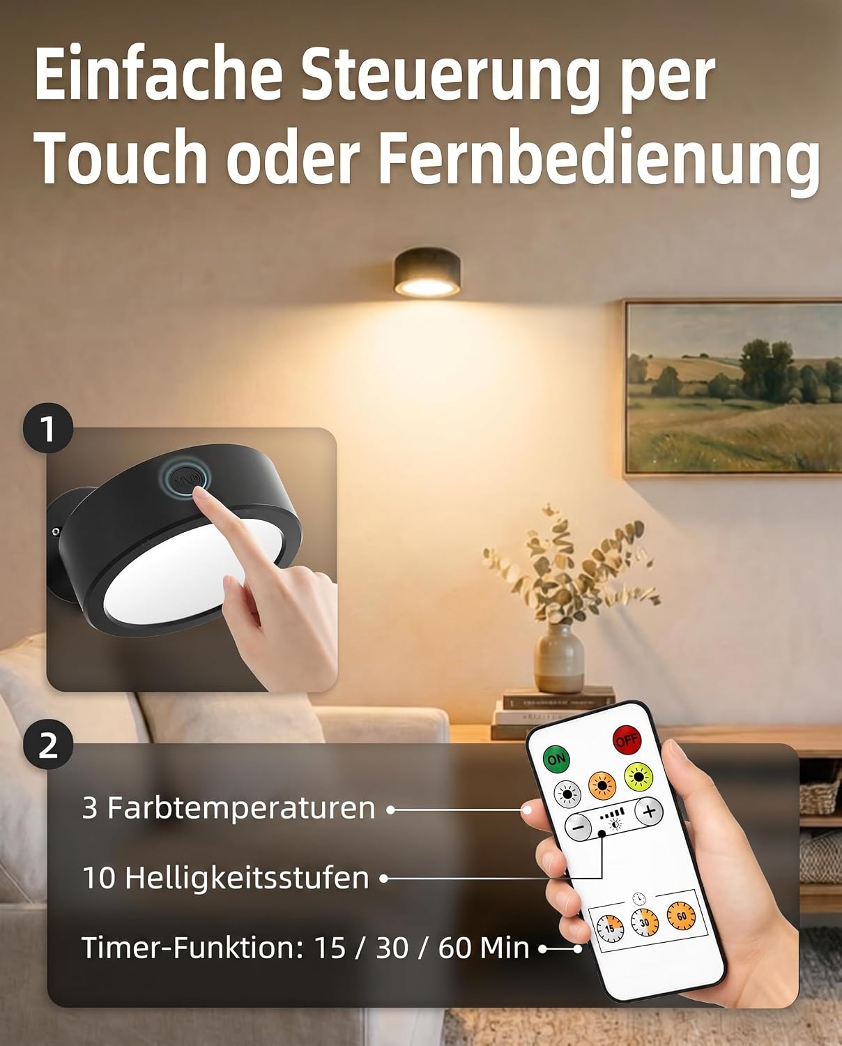 Thumbnail 5 de EZVALO EZL2404A draadloze wandlamp, dimbaar en draaibaar, 3 lichtkleuren