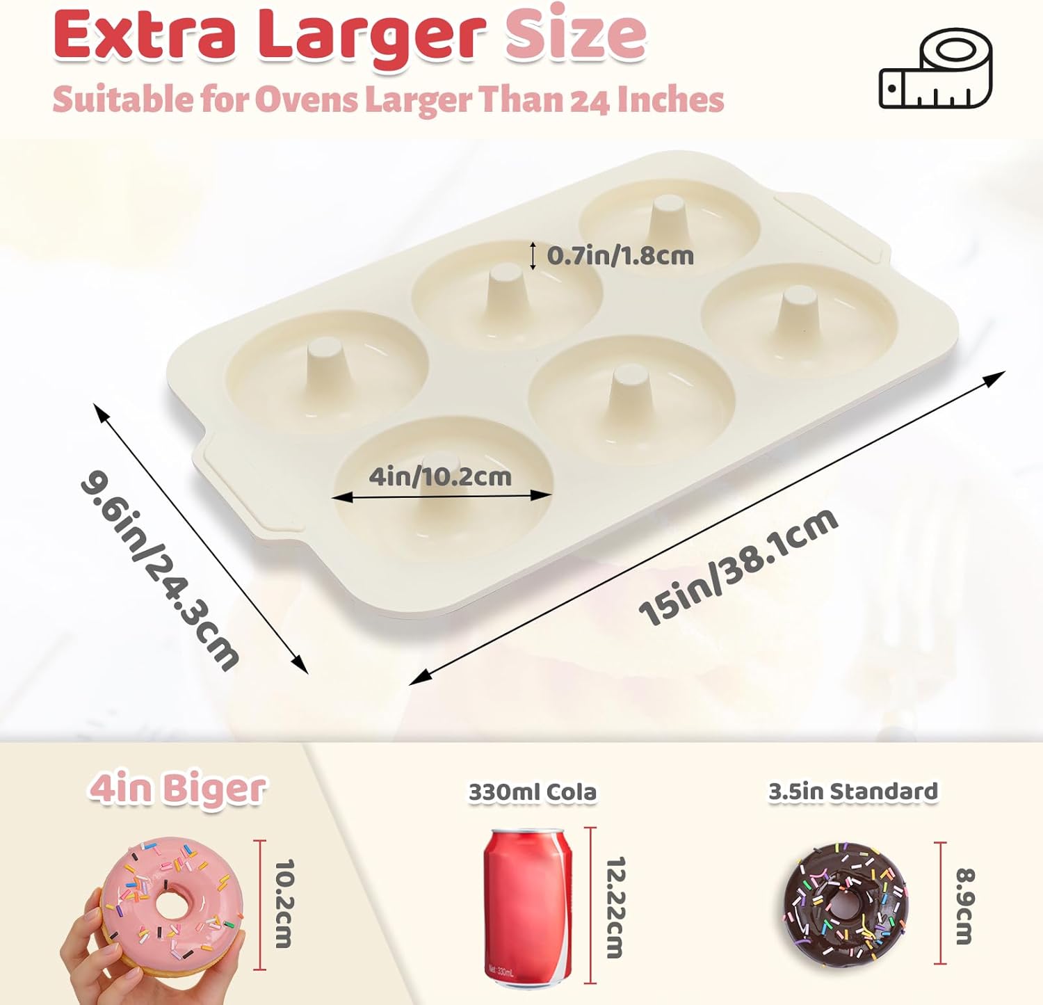 Detalle de Toeusog 2-Stück Silikon-Donuts-Backform, Groß 10,2 cm Ø, 6 Höhlungen – antihaft, Metallrahmen, Rosa & Beige