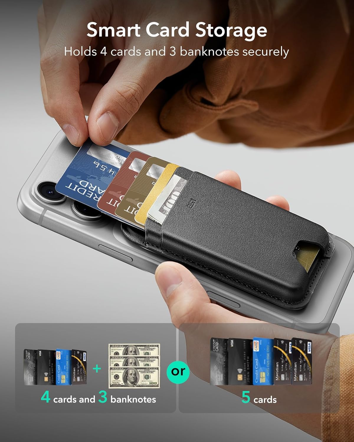 Detalle de Porte-cartes ESR MagSafe avec blocage RFID — 5 cartes, cuir végan, maintien 3200 g, compatible iPhone 17/16/15/14/13/12 et Samsung