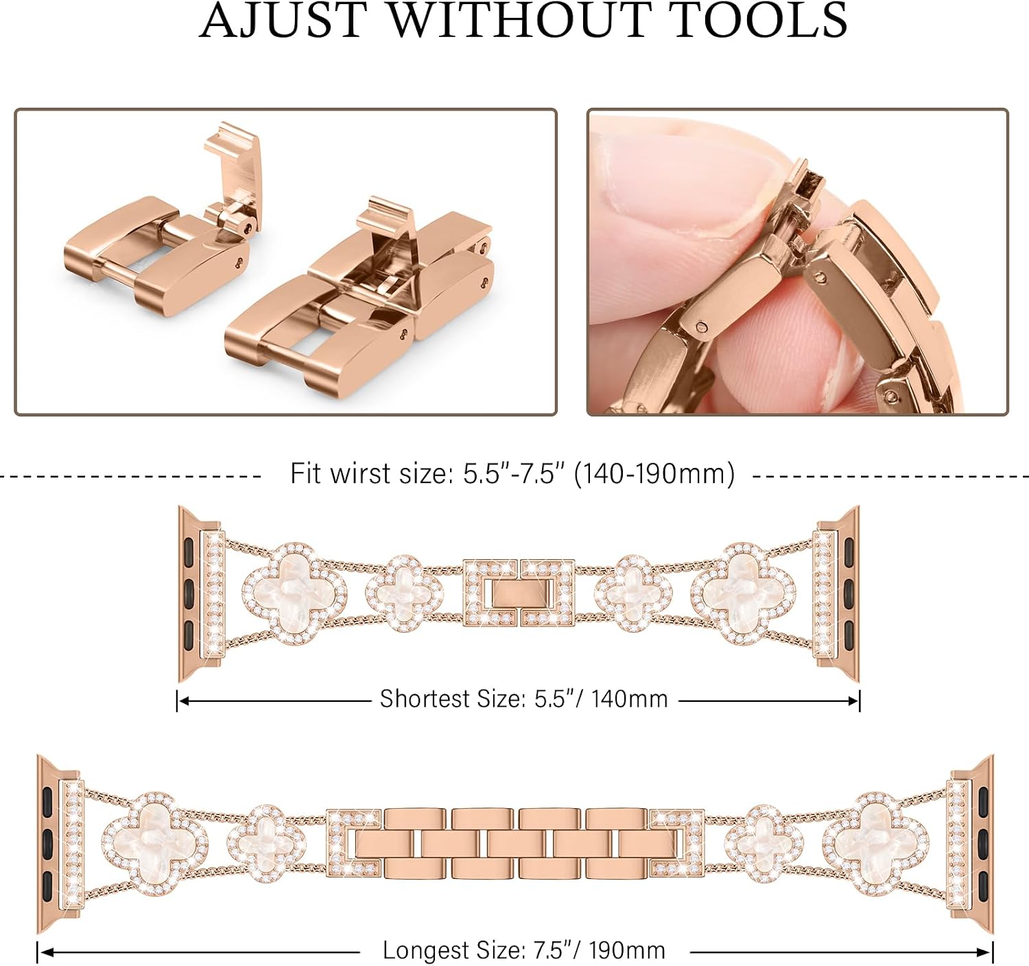 Detalle de Tasikar Bling Diamond Women Straps for Apple Watch (Rose Gold) – Lucky Clover Dressy Replacement Bracelet