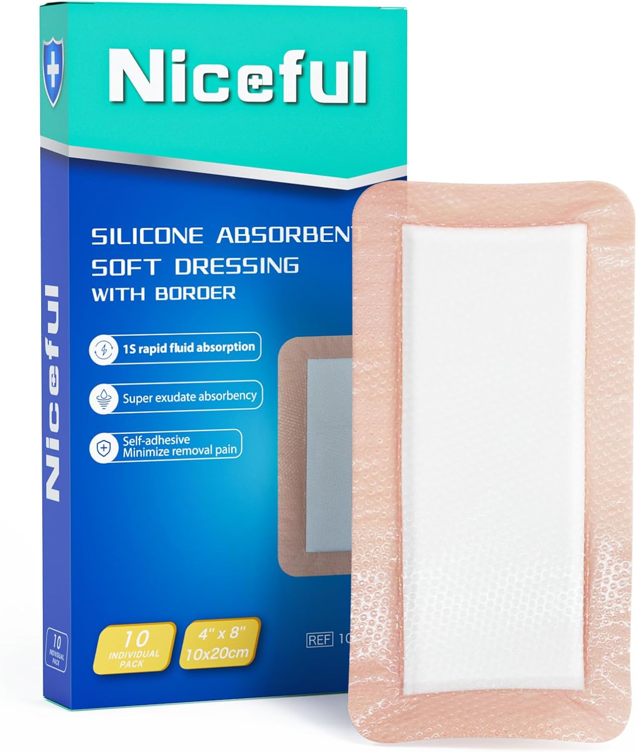 Detalle de Niceful Silicone Super Absorbent Wound Dressing (4"×8") with Adhesive Borders