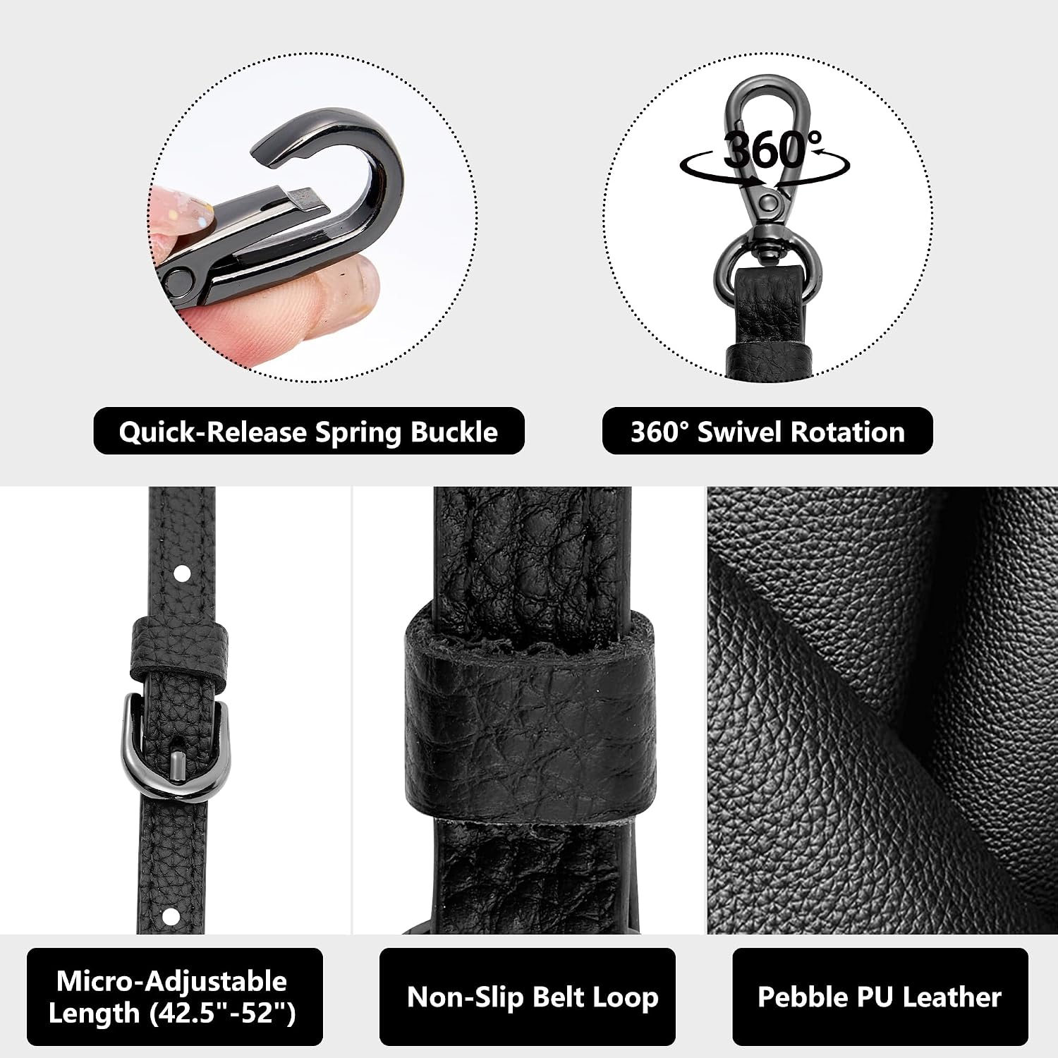 Detalle de SEAVILIA Adjustable PU Leather Purse Strap, 0.47-Inch Thin Black Crossbody Strap