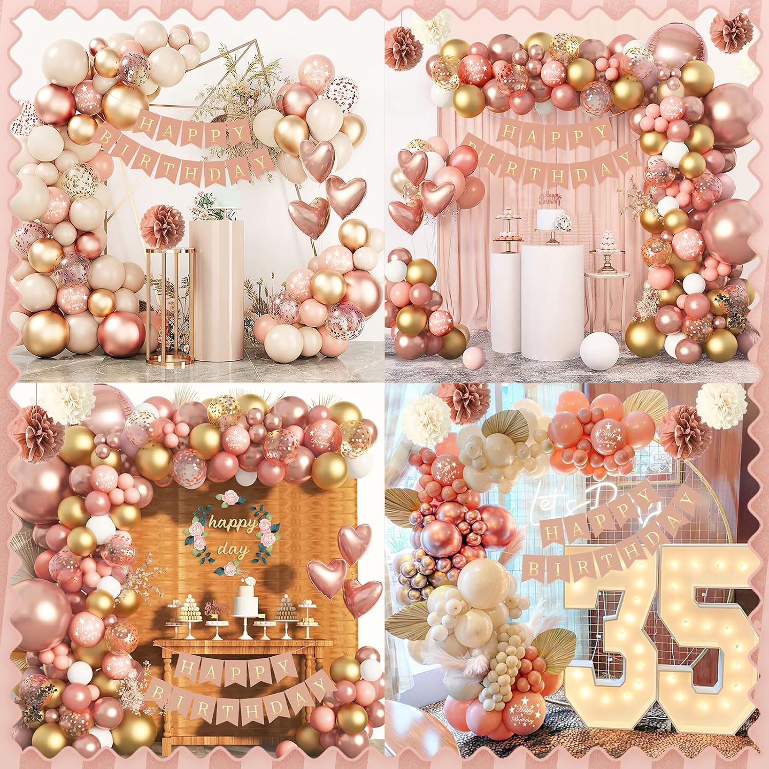 Detalle 2 de Kit décoration anniversaire Rainllon or rose : bannière « Happy Birthday », ballons, pompons et arche